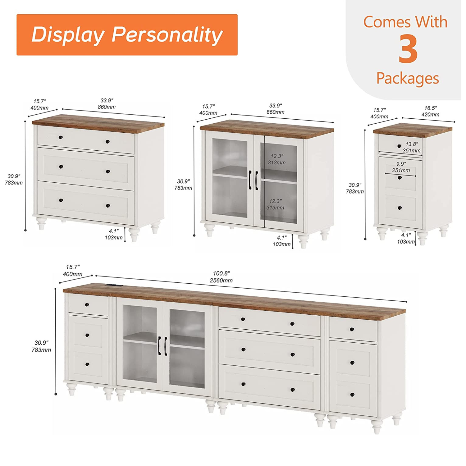 WAMPAT 100" TV Stand for 85 Inch TV, Wood Dresser with 5 Drawers and 4 Storages, Wooden Closet Dresser for Bedroom Living Room, Off White