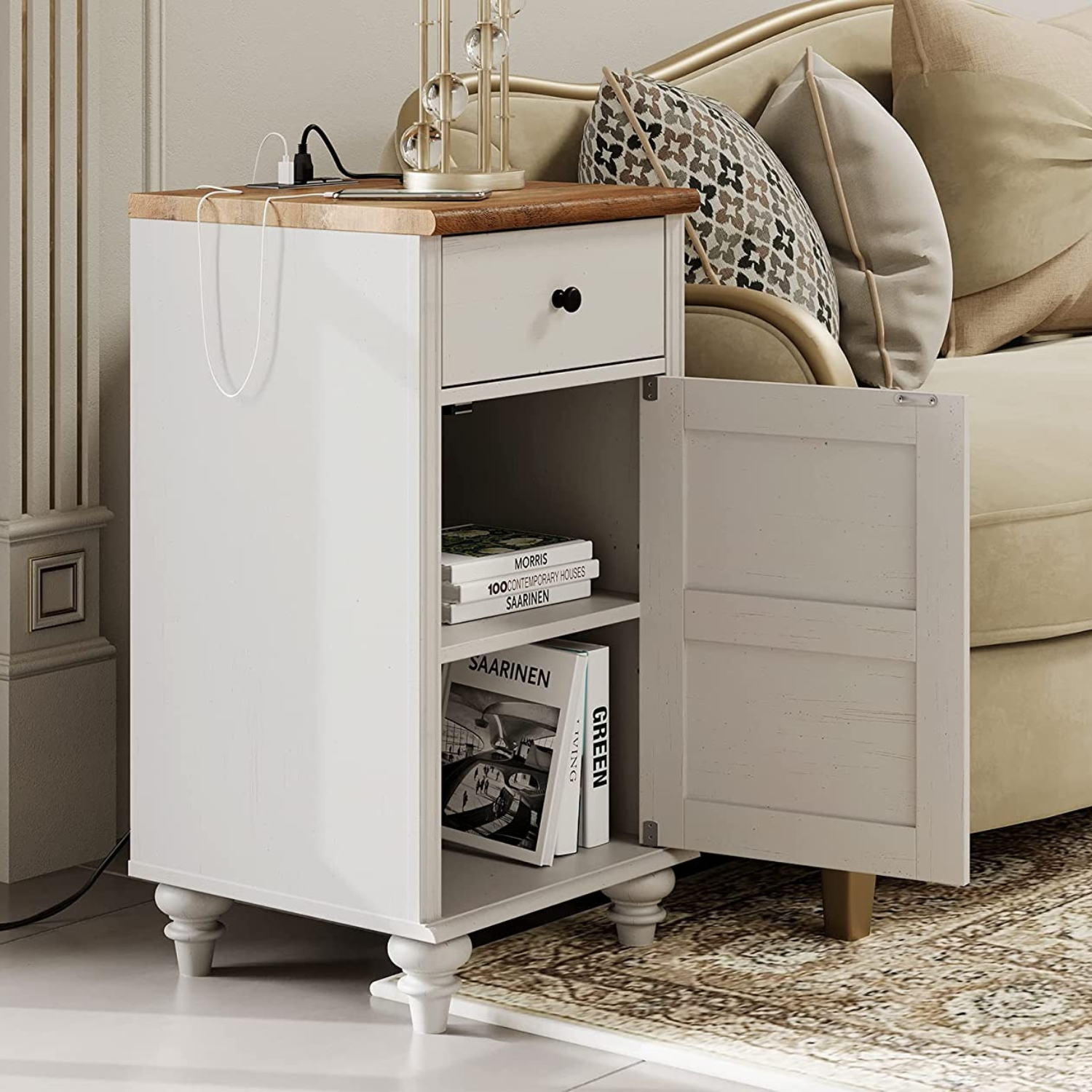 WAMPAT 67" Modern TV Stand for 75 Inch TV, Wood Dresser with 5 Drawers and 2 Doors, Nightstands with Charging Station for Living Room, Off White