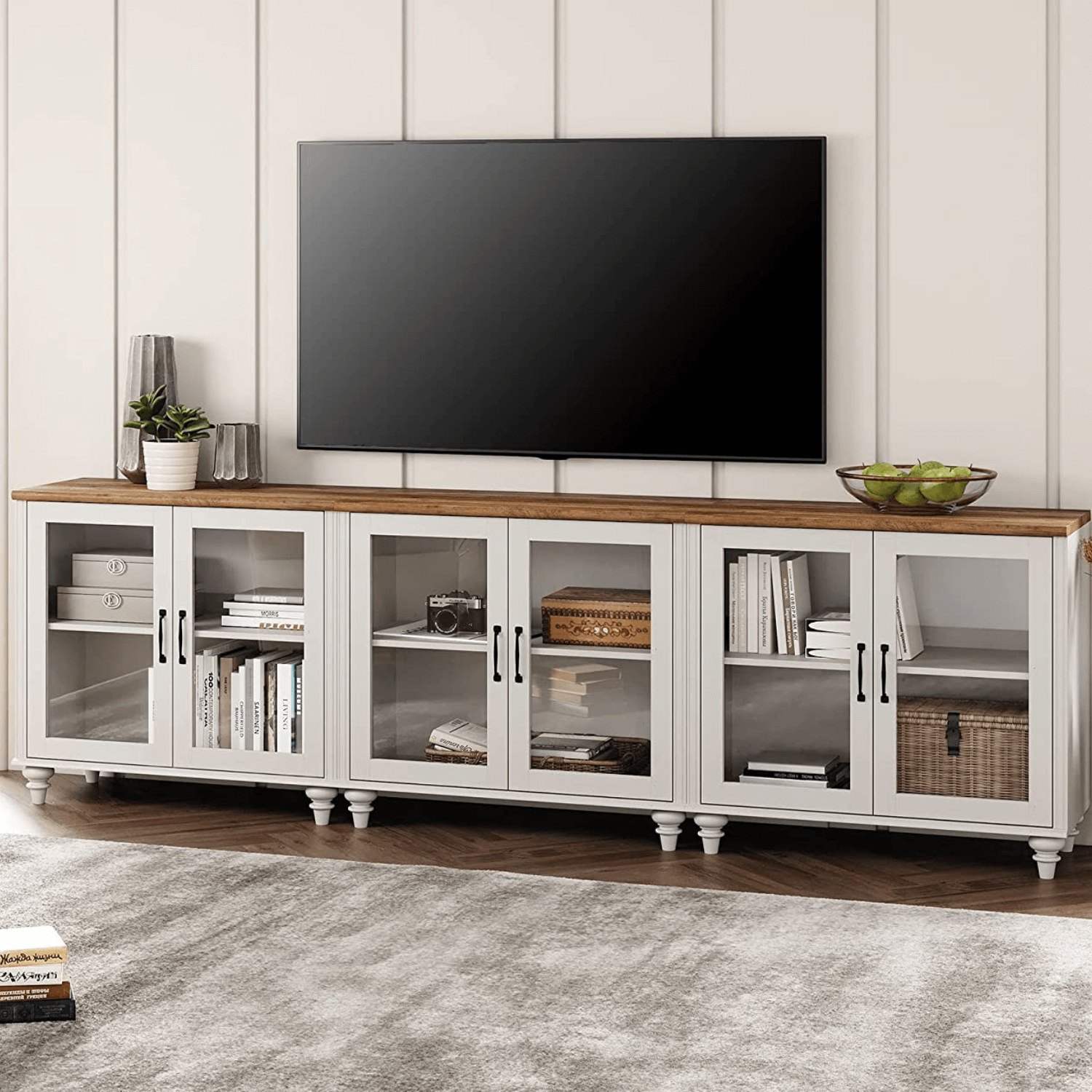 WAMPAT 101" LED TV Stand for 75/80/85 Inch TV, 3-in-1 Kitchen Cupboard Buffet Cabinet with Glass Door for Dining Room & Living Room, Off White