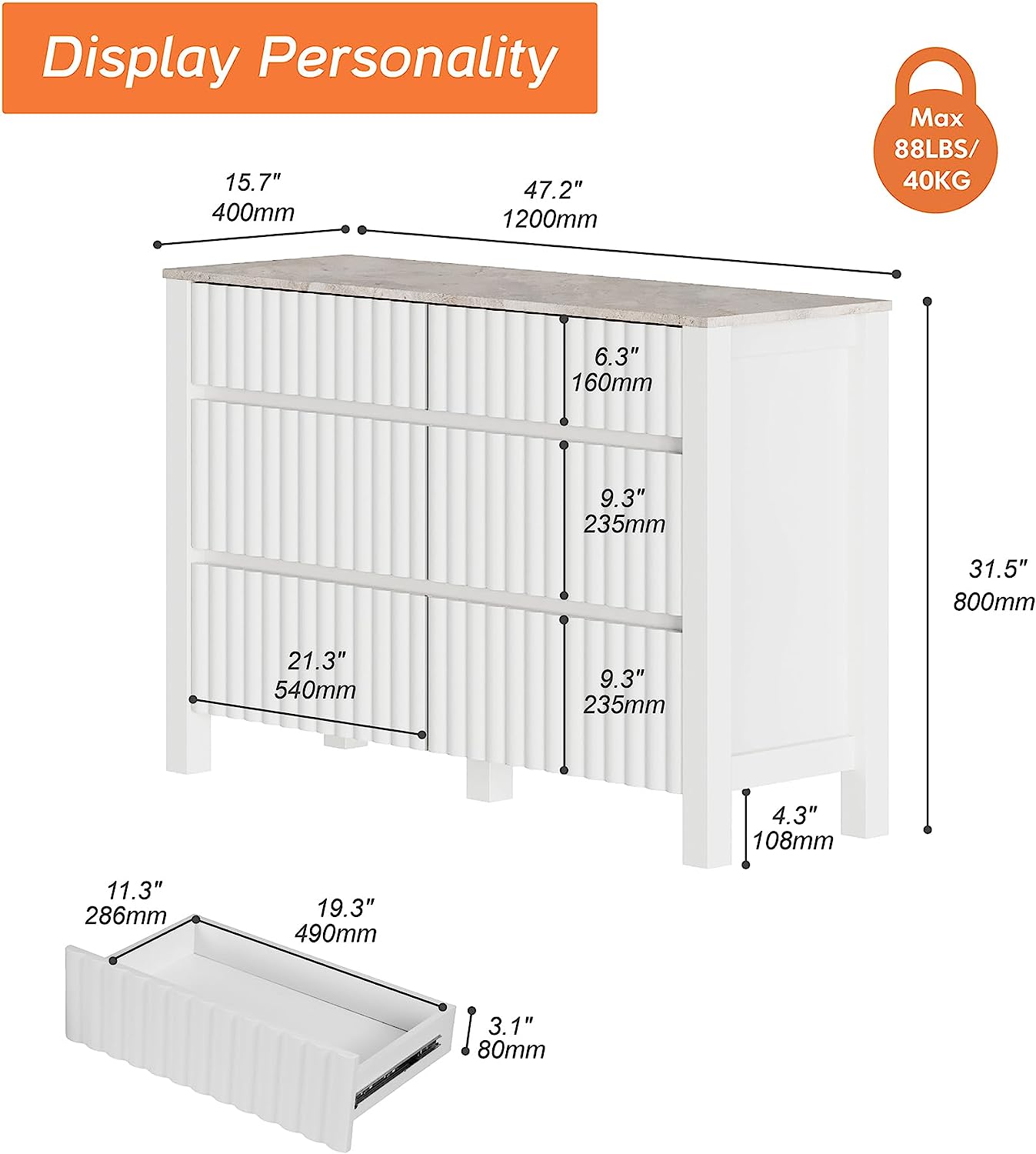 WAMPAT 47" Dresser for Bedroom with 6 Drawers, Modern White Kids Chests & Dressers Wood Storage Cabinet Organizer for Living Room, Nursery