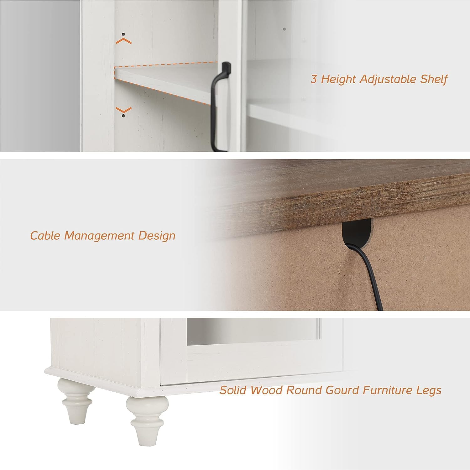 WAMPAT 58" Farmhouse TV Stand for 65" TV, Glass & Wood Universal Cabinets with LED Light, Storage Entertainment Center Console Table