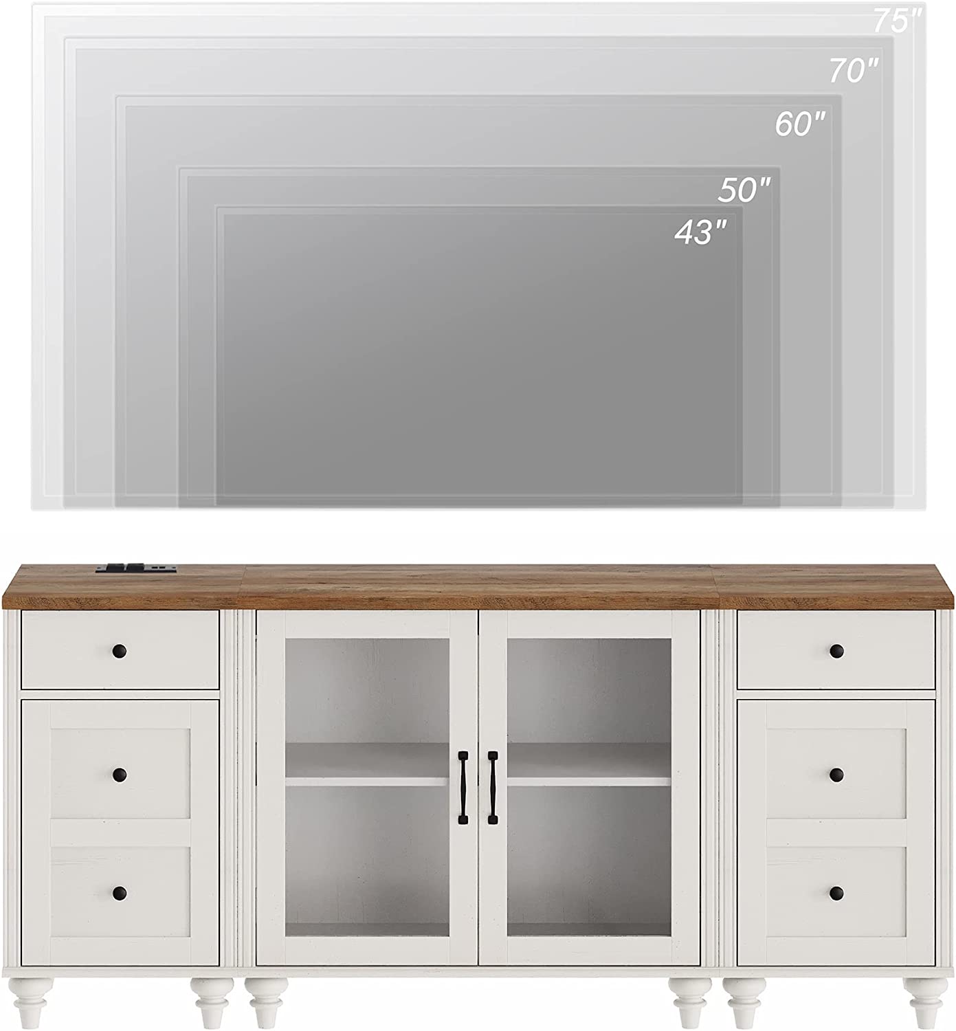 WAMPAT 67" LED TV Stand for 75 Inch TV, 3-in-1 Buffet Cabinet Side Table Set with Charging Station for Dining Room, Off White
