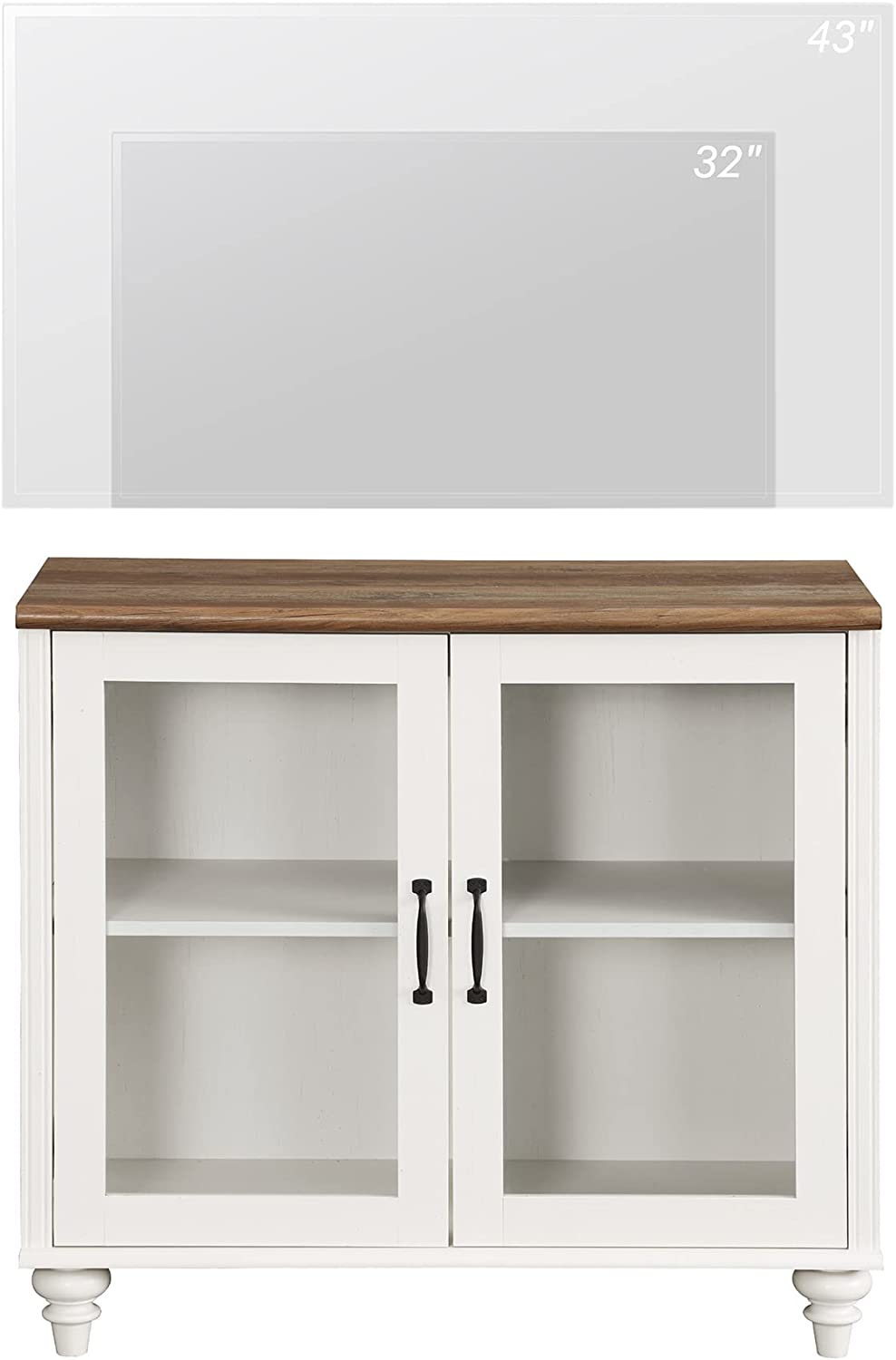 WAMPAT 34" TV Stand for 43 Inch TV with Yellow LED Light, Kitchen Sideboard Buffet Cabinet with Glass Door for Dining Room, Off White