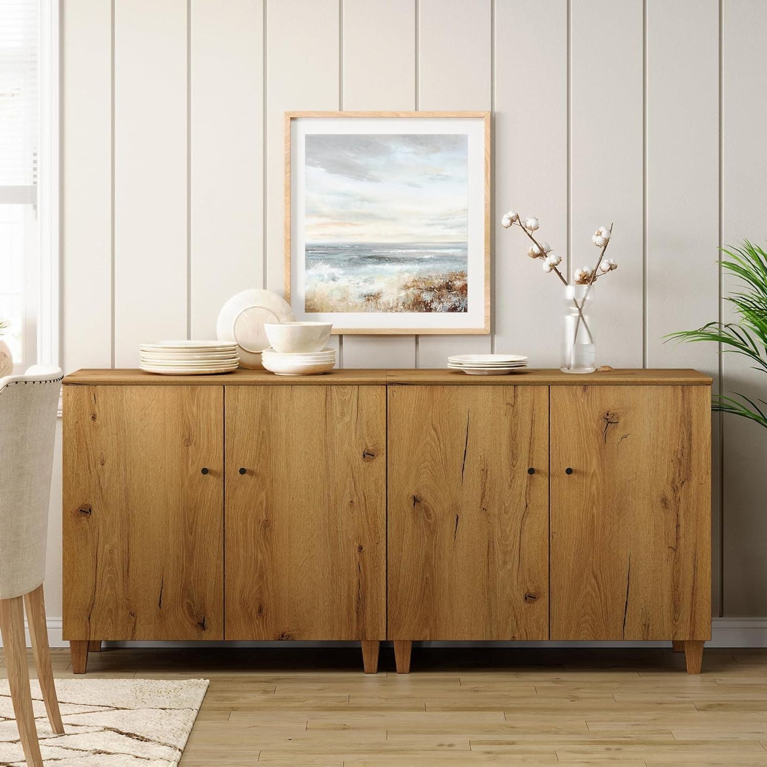 WAMPAT 70" Sideboard Buffet Cabinet, Wooden Credenza Storage Cabinets with 4 Doors, Set of 2 Modern Kitchen Accent Cabinets with 6 Compartments for Living Room, Hallway, Oak Brown