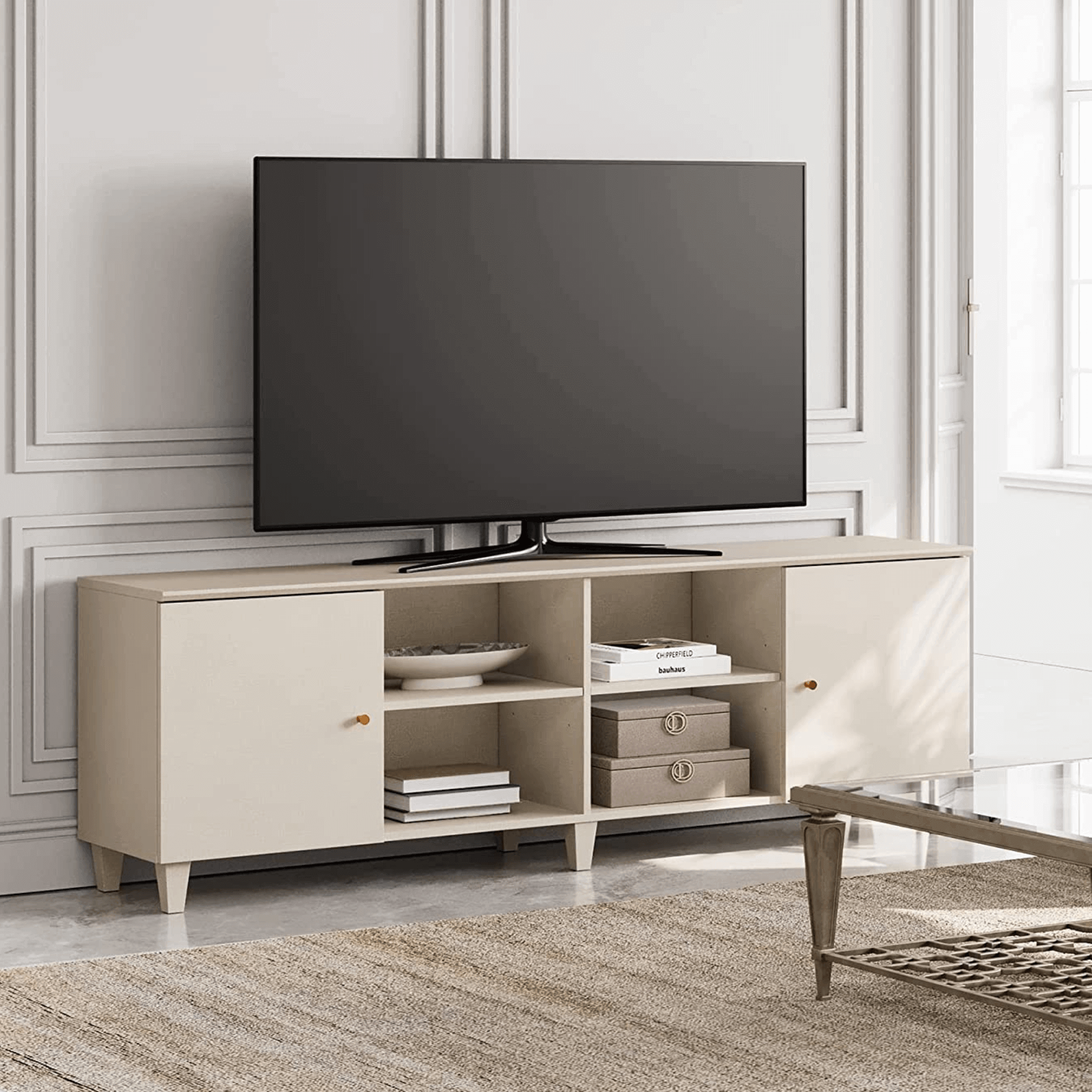 WAMPAT TV Stand Unit Cabinet for 55 inch tv,White TV table up to