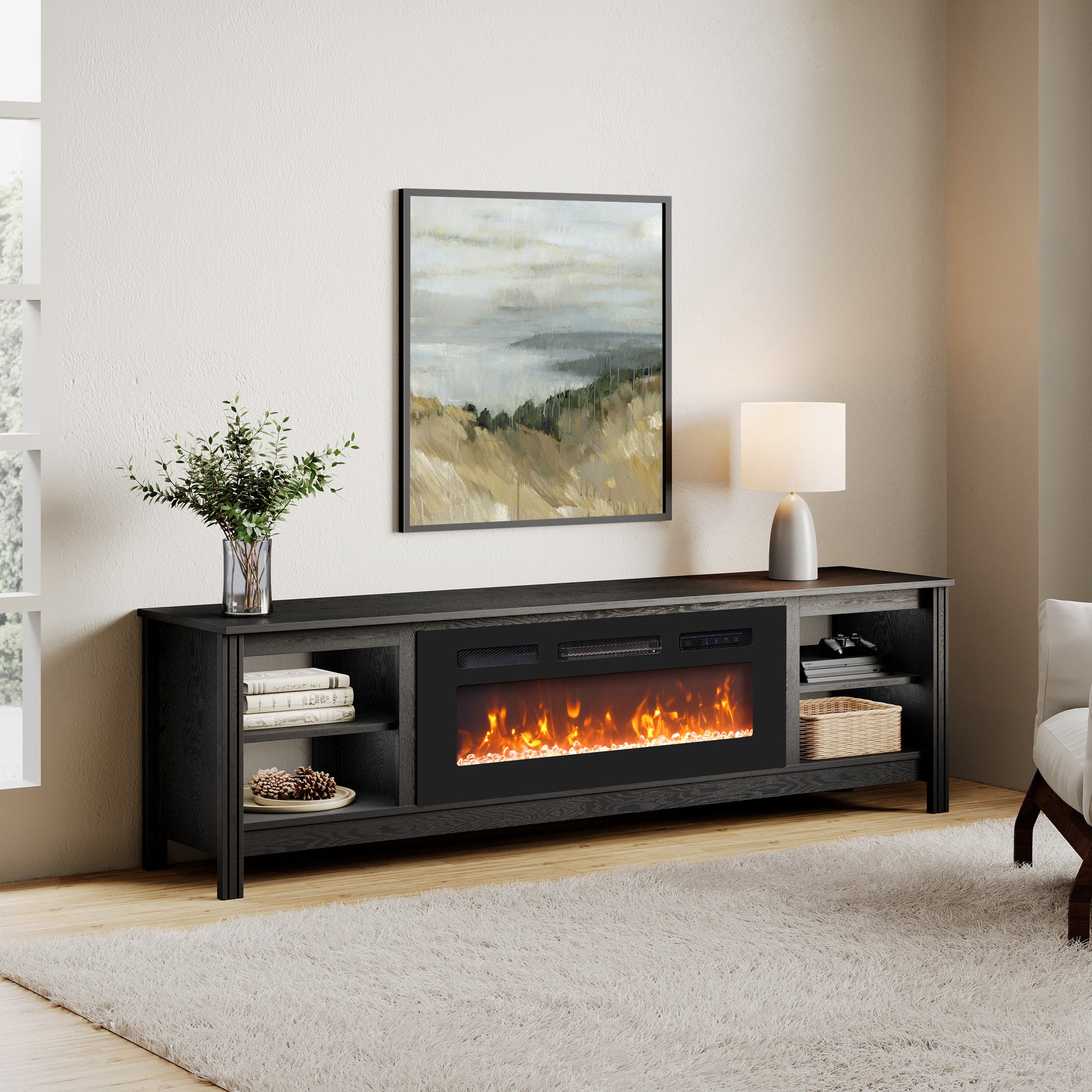 WAMPAT 70" Farmhouse Fireplace TV Stand, Media Console Table with 36'' Electric Fireplace & 16 Colors LED Lights, Black