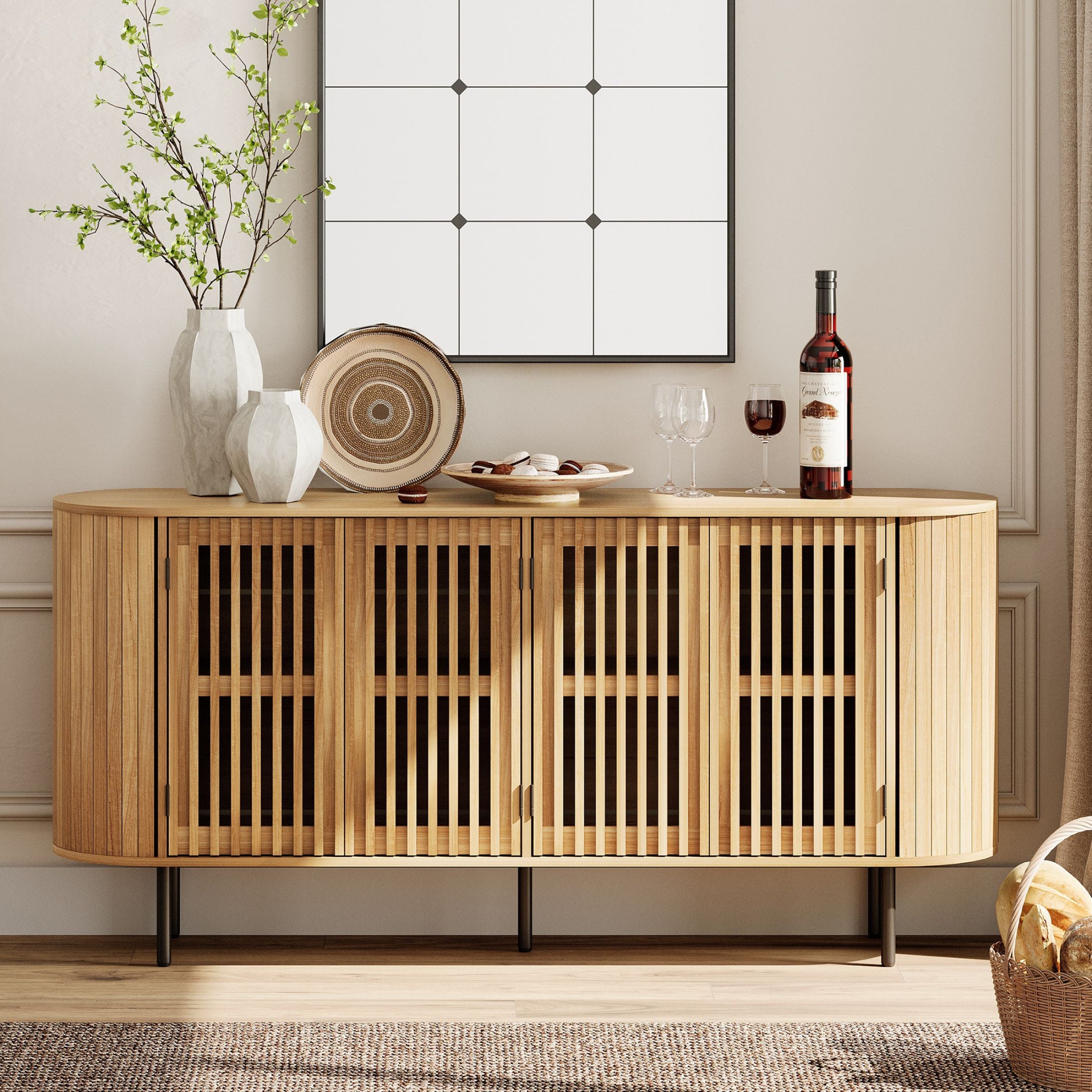 WAMPAT 64" Kitchen Buffet Sideboard Cabinet, Coffee Bar Storage Cabinet with Pop-up Doors, Oak