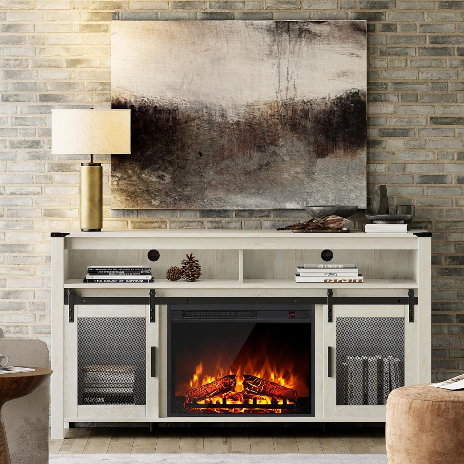 WAMPAT Fireplace TV Stand for 65+ Inch TV, Farmhouse Highboy Entertainment Center with 23" Electric Fireplace