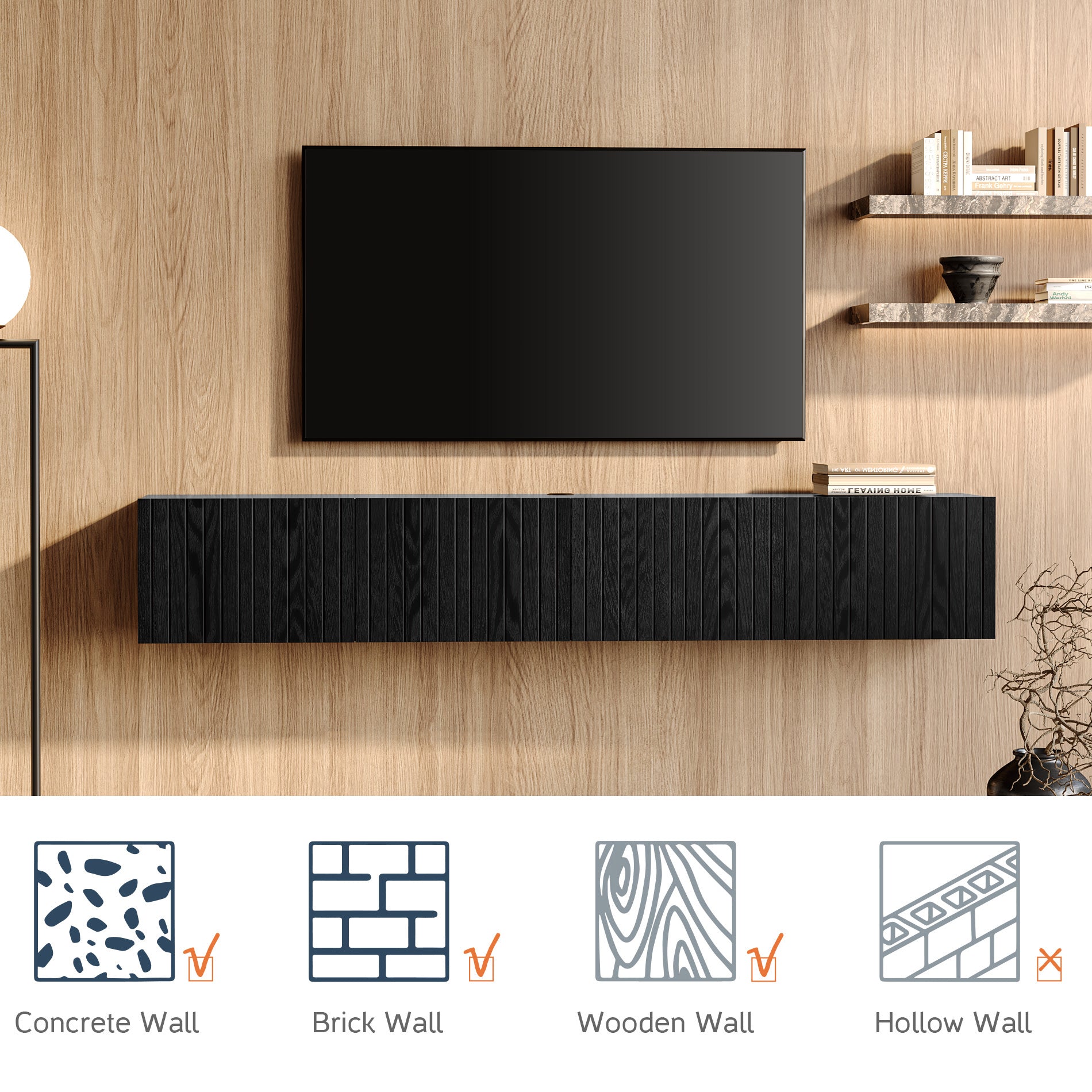 WAMPAT Floating TV Stand for TVs up to 80 inch, Modern Floating Entertainment Center with 3 Fluted Flip-Down Doors, Wall Mounted TV Shelf for Living Room, Bedroom, Black