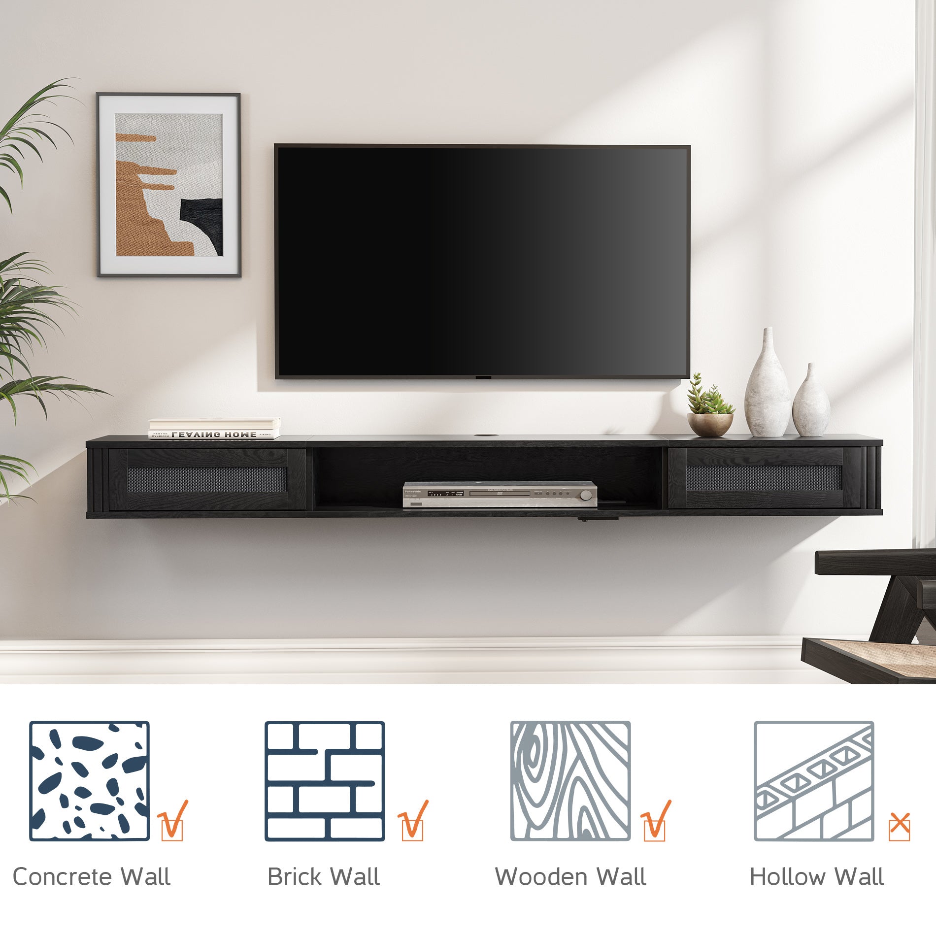 Wampat 69" Floating TV Stand for 75" TVs, Wall Mounted Entertainment Center for Living Room, Black