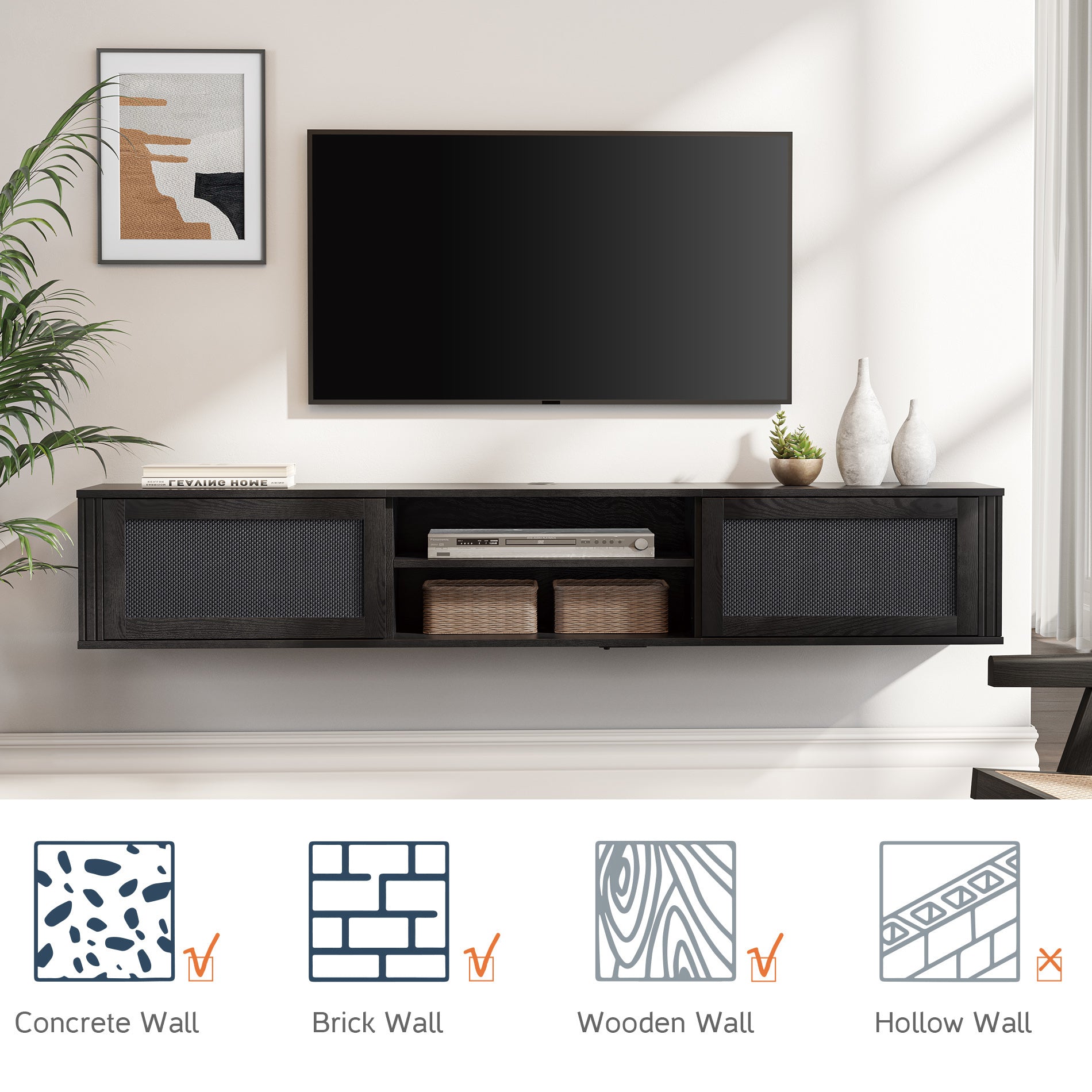 Wampat 2-Tier Floating TV Stand for 80" TVs, Wall Mounted Media Console Entertainment Center with Power Outlet, Floating TV Shelf for Living Room, Black