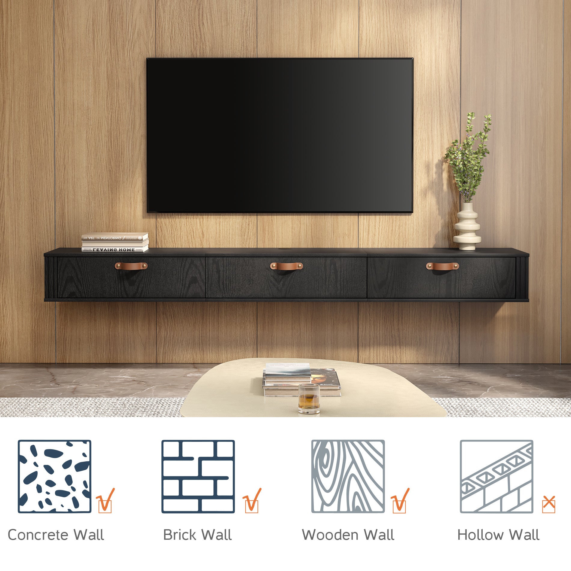 Wampat Floating TV Stand for 80" TVs, Wall Mounted Media Console Entertainment Center with Cabinet, Floating TV Shelf for Living Room, Black