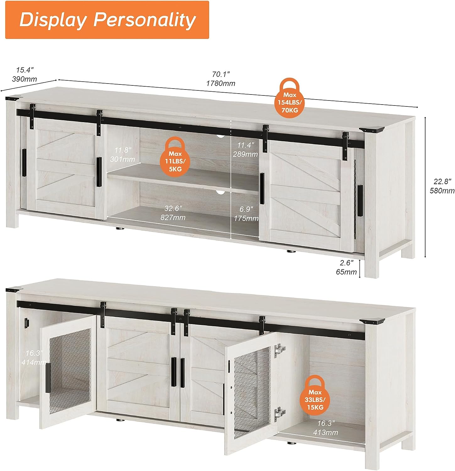 WAMPAT 70" Farmhouse TV Stand for up to 75 inch TV, Antique White