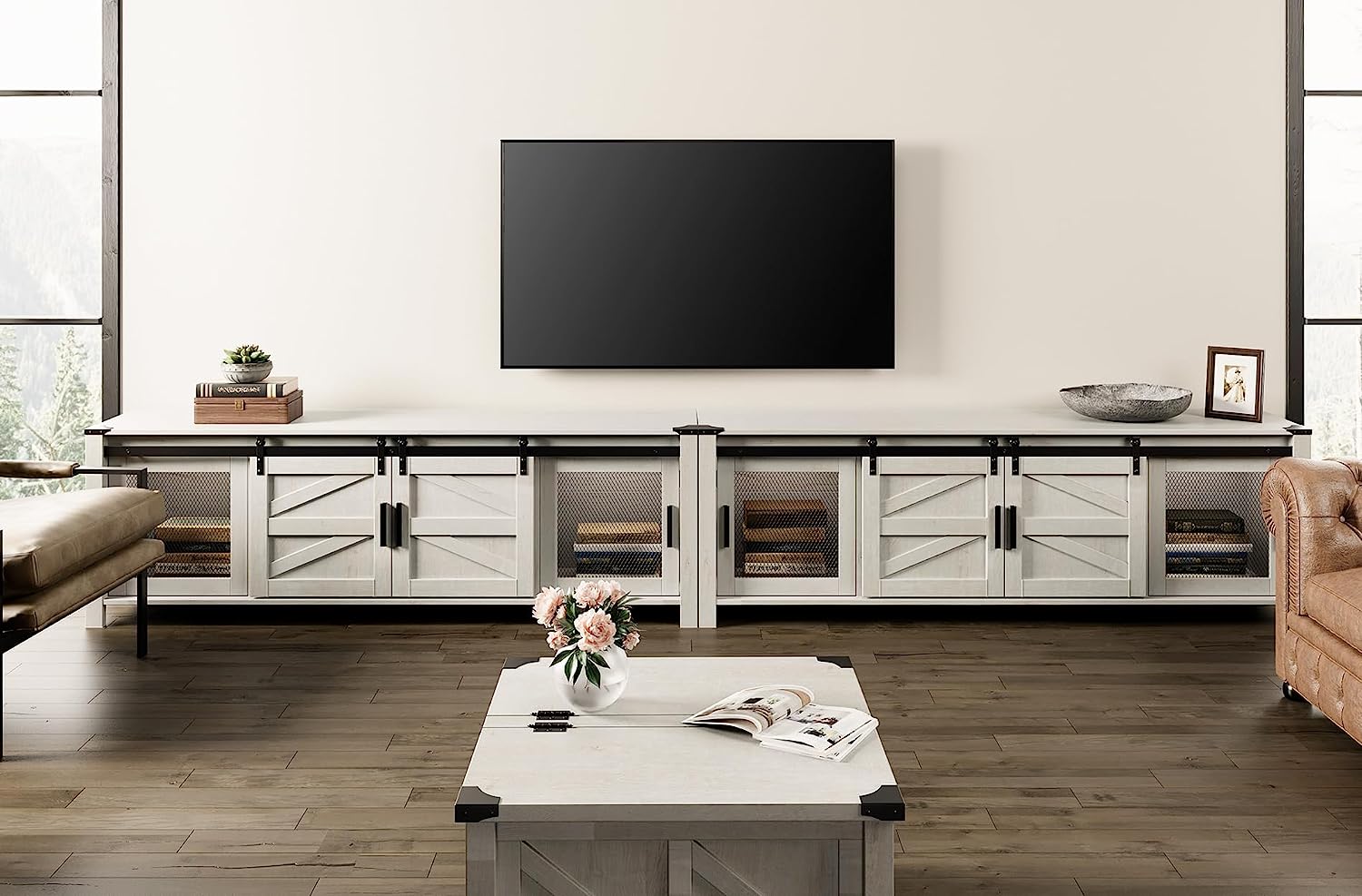 WAMPAT 70" Farmhouse TV Stand for up to 75 inch TV, Antique White