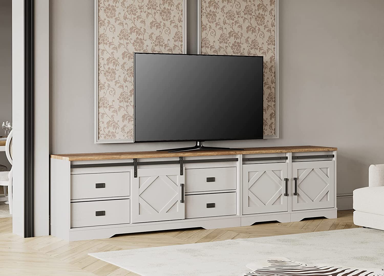 WAMPAT 98" Farmhouse TV Stand for up to 110" TVs Wood TV Cabinet with Drawers and Adjustable Shelf for Living Room, Cream White