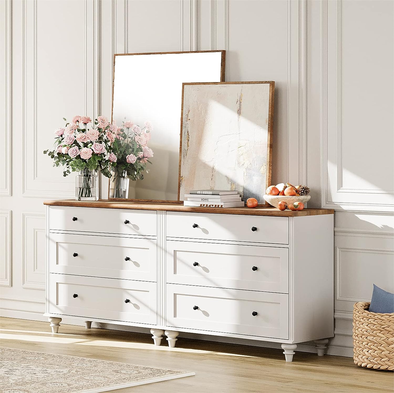 WAMPAT 67" Dresser for Bedroom with 6 Drawers, White Kids Dressers with Wide Chest of Drawers for Living Room, Nursery, Hallway