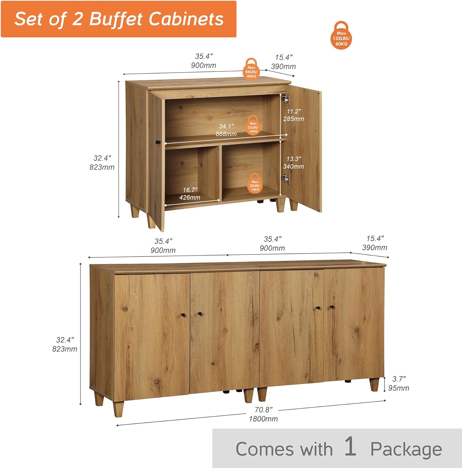WAMPAT 70" Sideboard Buffet Cabinet, Wooden Credenza Storage Cabinets with 4 Doors, Set of 2 Modern Kitchen Accent Cabinets with 6 Compartments for Living Room, Hallway, Oak Brown