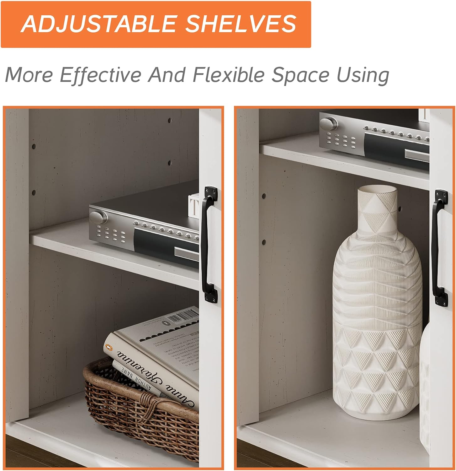 WAMPAT 58" Farmhouse TV Stand for 65" TV, Glass & Wood Universal Cabinets with LED Light, Storage Entertainment Center Console Table