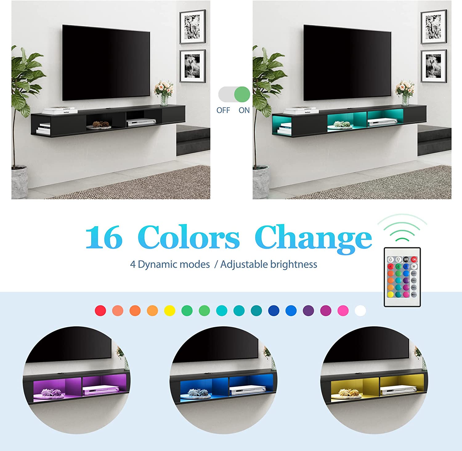 WAMPAT 70" Floating TV Shelf with 16-Color LED Light, Floating TV Stand Wall Mounted with Storage Space for 75 inch TV, Black