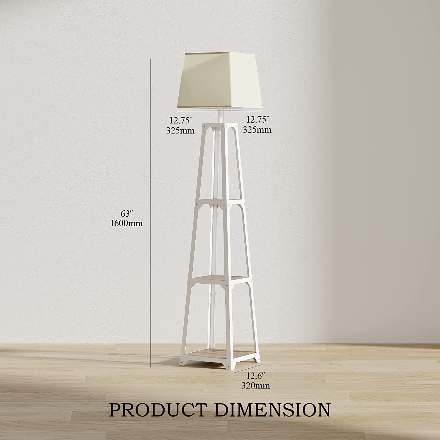 WAMPAT Shelf Floor Lamp Modern Standing Light for Living Rooms Bedrooms Metal Frame with Open Box Display Shelves, White