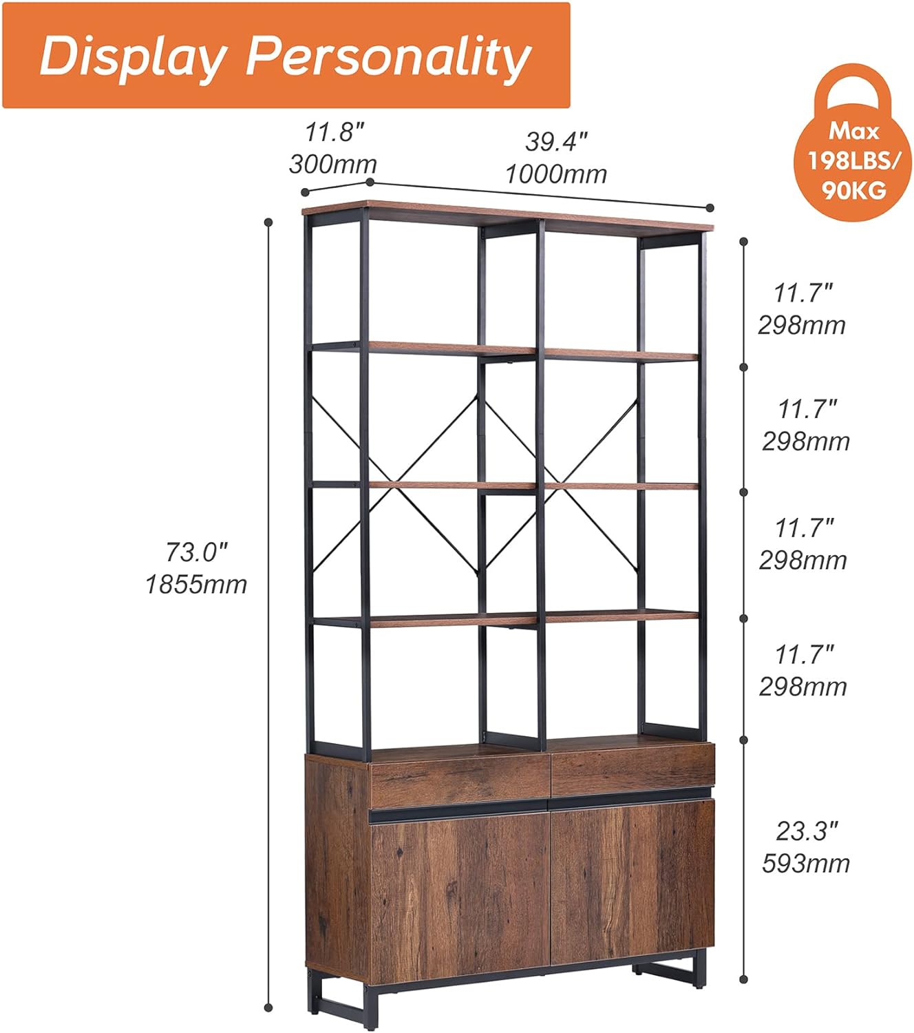 WAMPAT 73" Tall Bookshelf w/Storage Cabinet, Modern Book Shelf Organizers, Industrial Style Bookcases Furniture for Bedroom, Living Room, Home Office