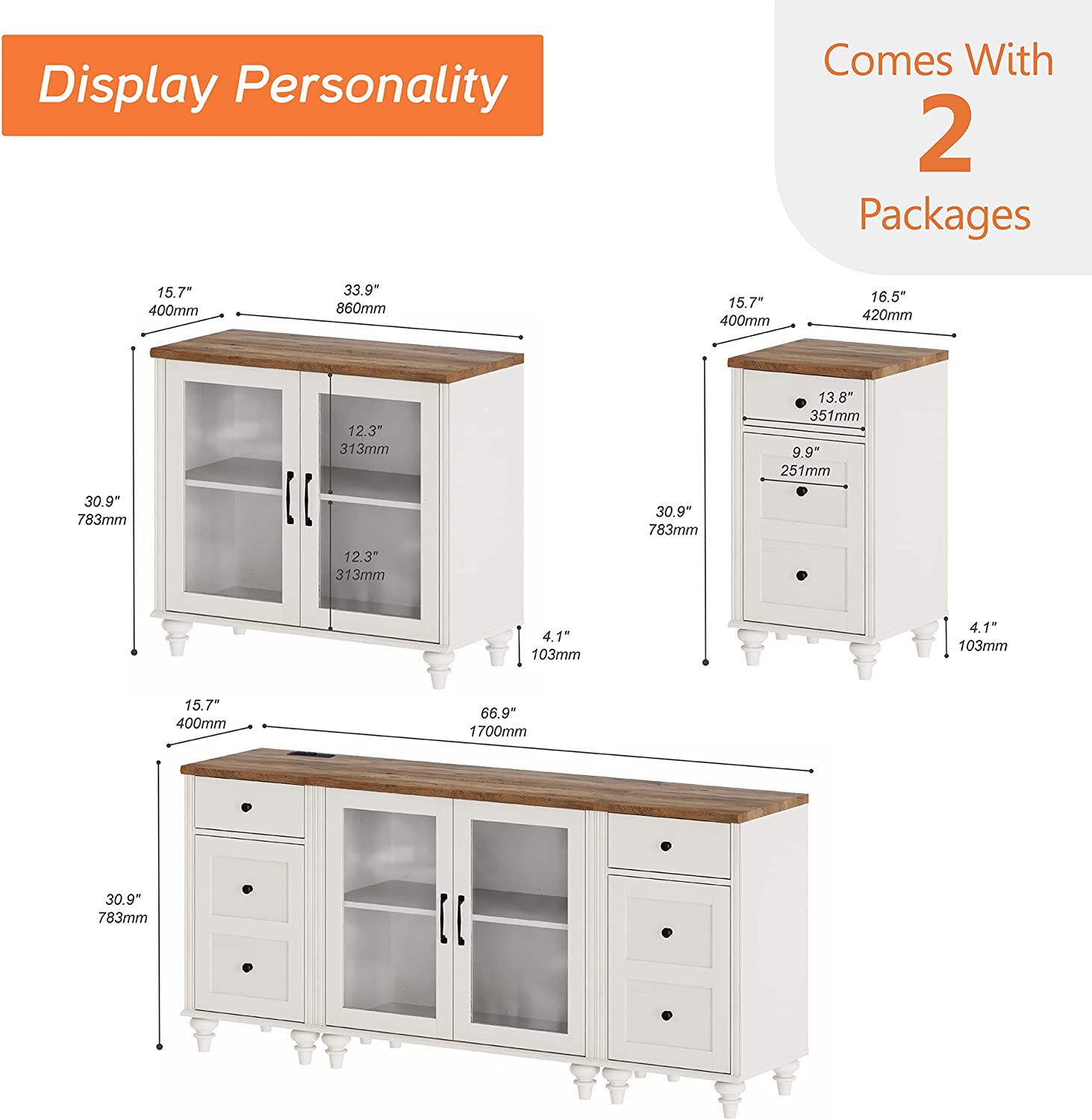 WAMPAT 67" LED TV Stand for 75 Inch TV, 3-in-1 Buffet Cabinet Side Table Set with Charging Station for Dining Room, Off White