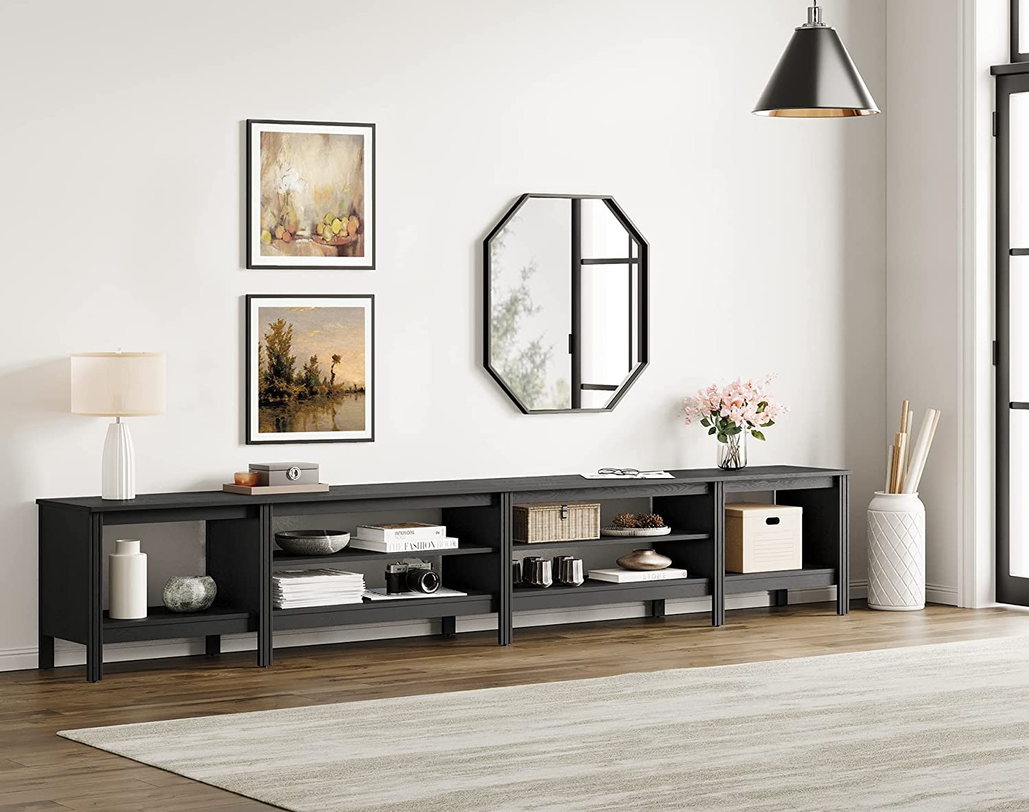 WAMPAT 118" Farmhouse TV Stand for 85 Inch TV, Black Wood Entertainment Center for 80 85 90 100 inch TV