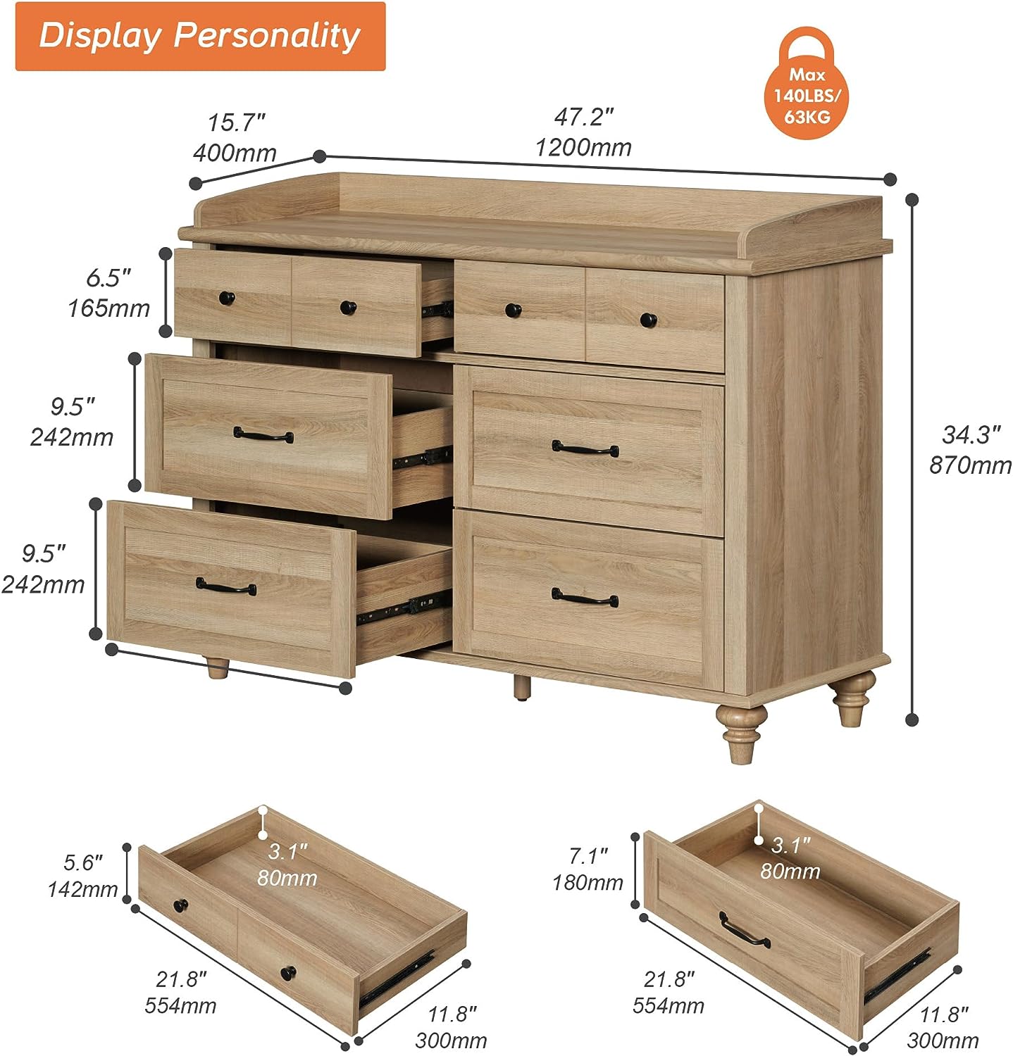 WAMPAT 47" Baby Dresser for Nursery with 6 Drawers, Changing Table for Baby