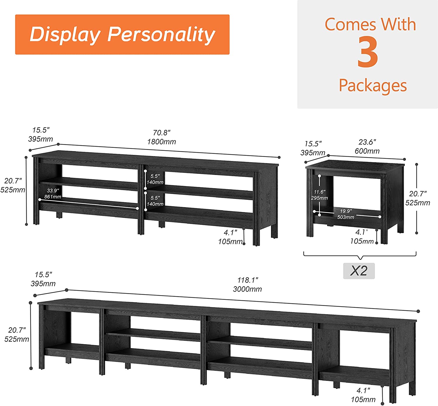 WAMPAT 118" Farmhouse TV Stand for 85 Inch TV, Black Wood Entertainment Center for 80 85 90 100 inch TV