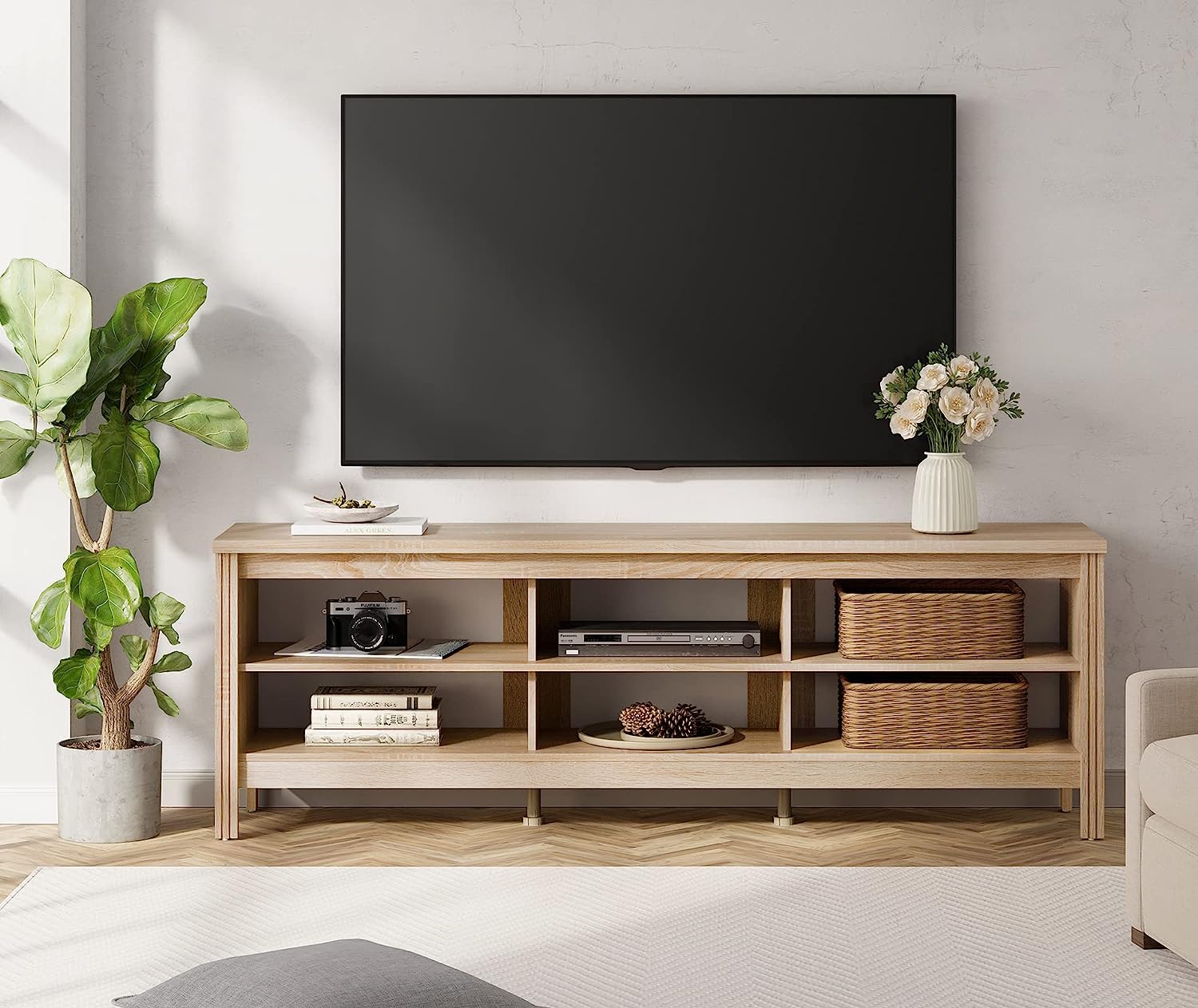 WAMPAT 70" TV Stand for 75 inch TV Entertainment Center, Wood TV Console Media Table with 6 Cubby Storage for Living Room Bedroom