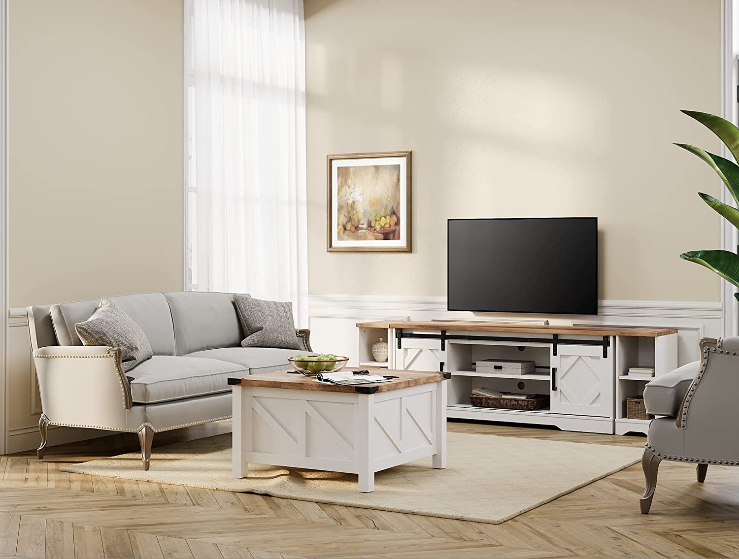 WAMPAT Modern Farmhouse TV Stand for up to 85" TVs Wood Entertainment Center with Open Storage for Living Room, Cream White