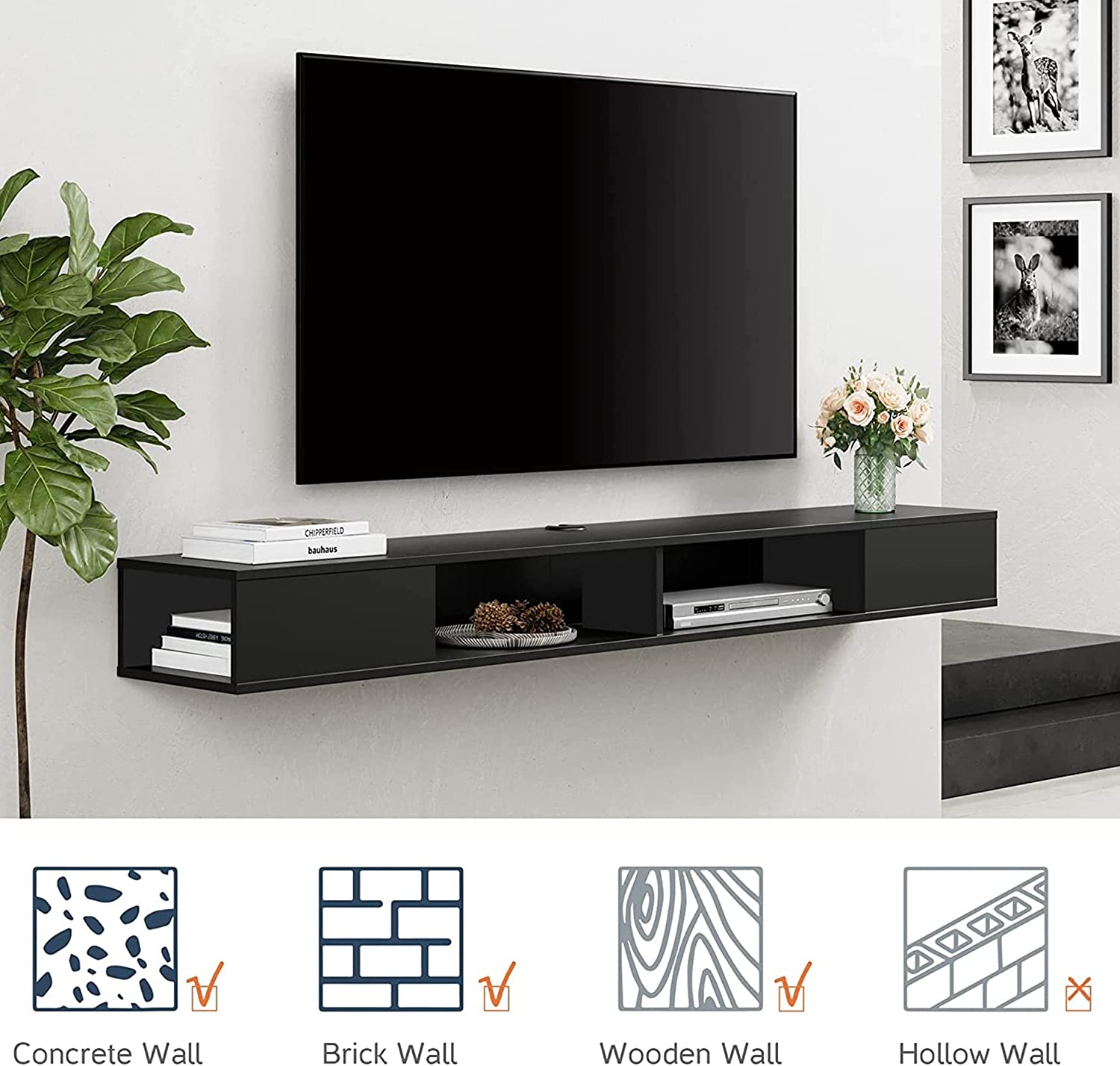 WAMPAT 70" Floating TV Shelf with 16-Color LED Light, Floating TV Stand Wall Mounted with Storage Space for 75 inch TV, Black