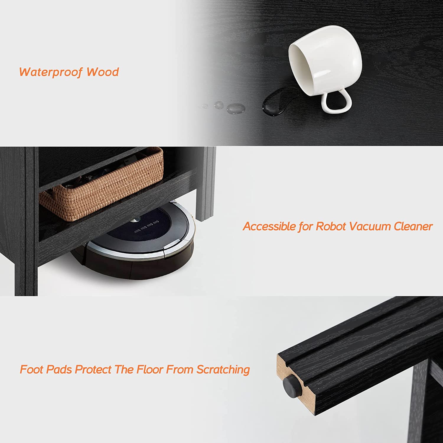 WAMPAT Set of 2 Side Table Small End Table for Bedroom, Wood Nightstand with Storage for Living Room, Office, Black