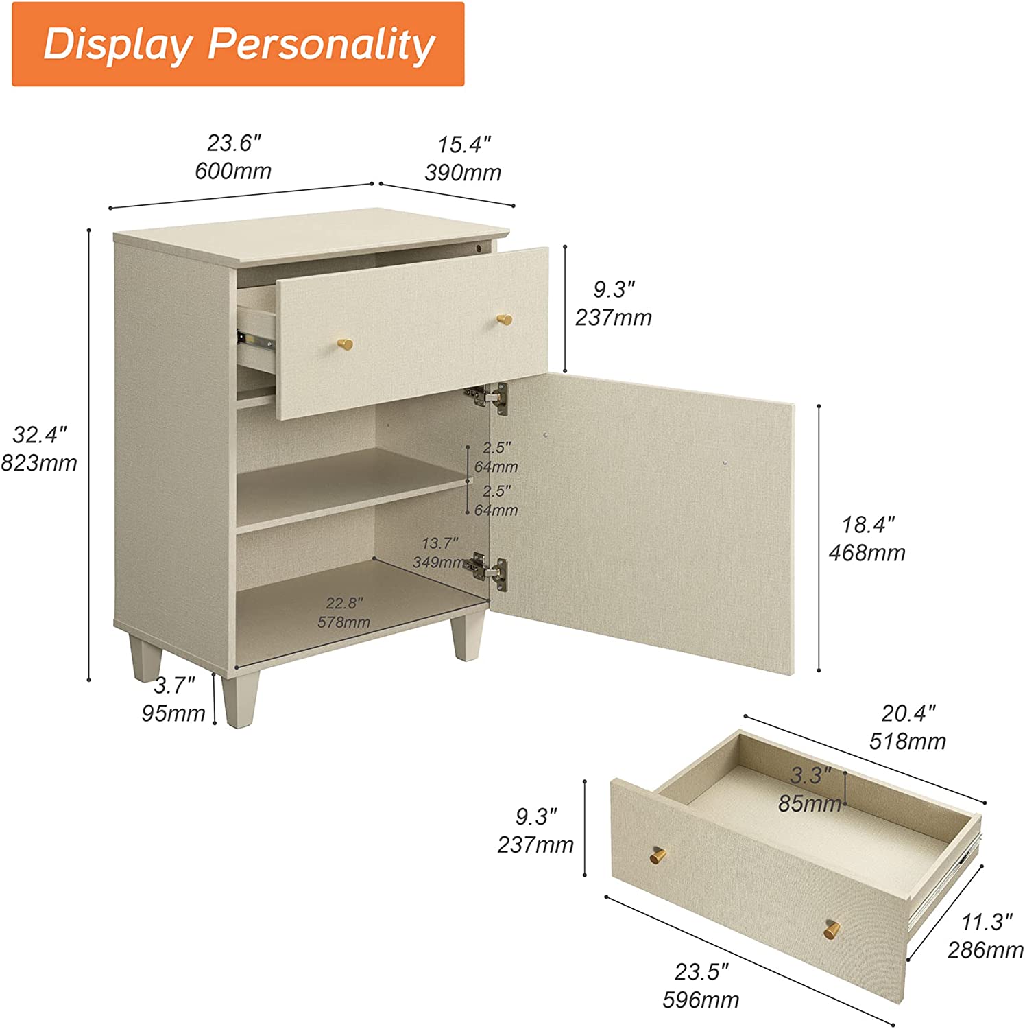WAMPAT 32.4" H Storage Cabinet for Living Room, Freestanding Wood Accent Cabinets for Dining Room, Entryway, Beige Fabric Texture Finish