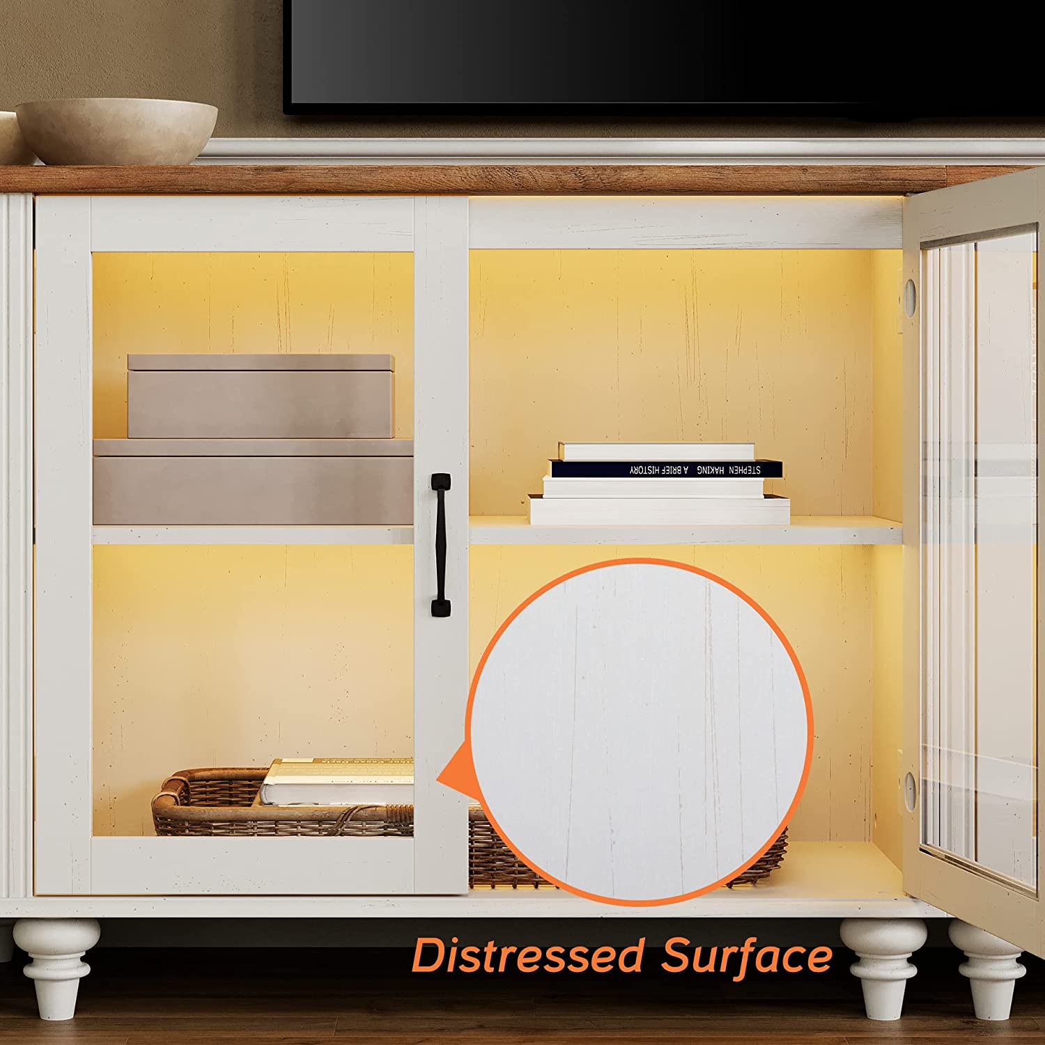 WAMPAT 34" TV Stand for 43 Inch TV with Yellow LED Light, Kitchen Sideboard Buffet Cabinet with Glass Door for Dining Room, Off White