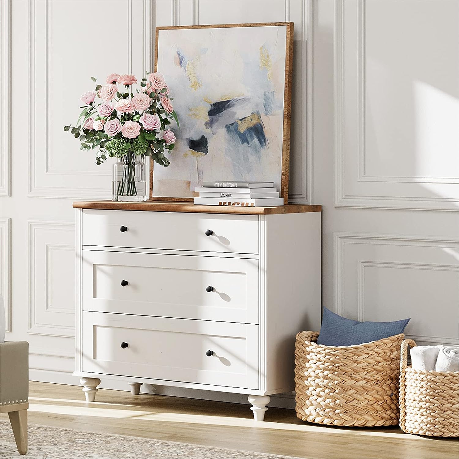 WAMPAT 34" Dresser for Bedroom with 3 Drawers, White Kids Dressers with Wide Chest of Drawers, Mid Century Modern Wooden Closet Storage Organizer, Small Dressers for Living Room, Nursery, Hallway