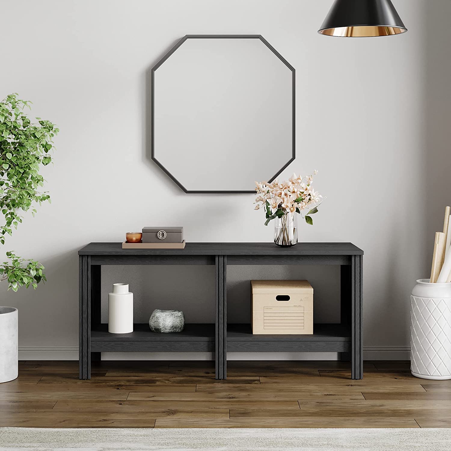 WAMPAT 47.2" Classic TV Stand for 55 Inch TV Entertainment Center, Wood TV Console Media Table with 2 Cubby Storage for Living Room Bedroom, Black