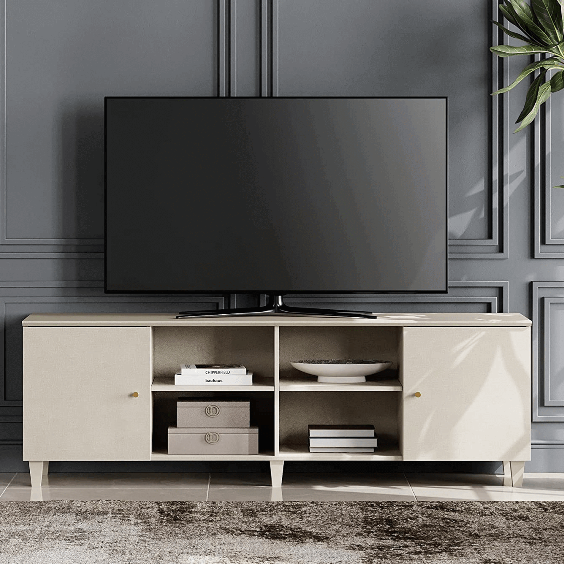 WAMPAT 70" Mid-Century Modern TV Stand, Entertainment Center with Door Storage & Open Shelf for up to 75 Inch TV, Whitewash