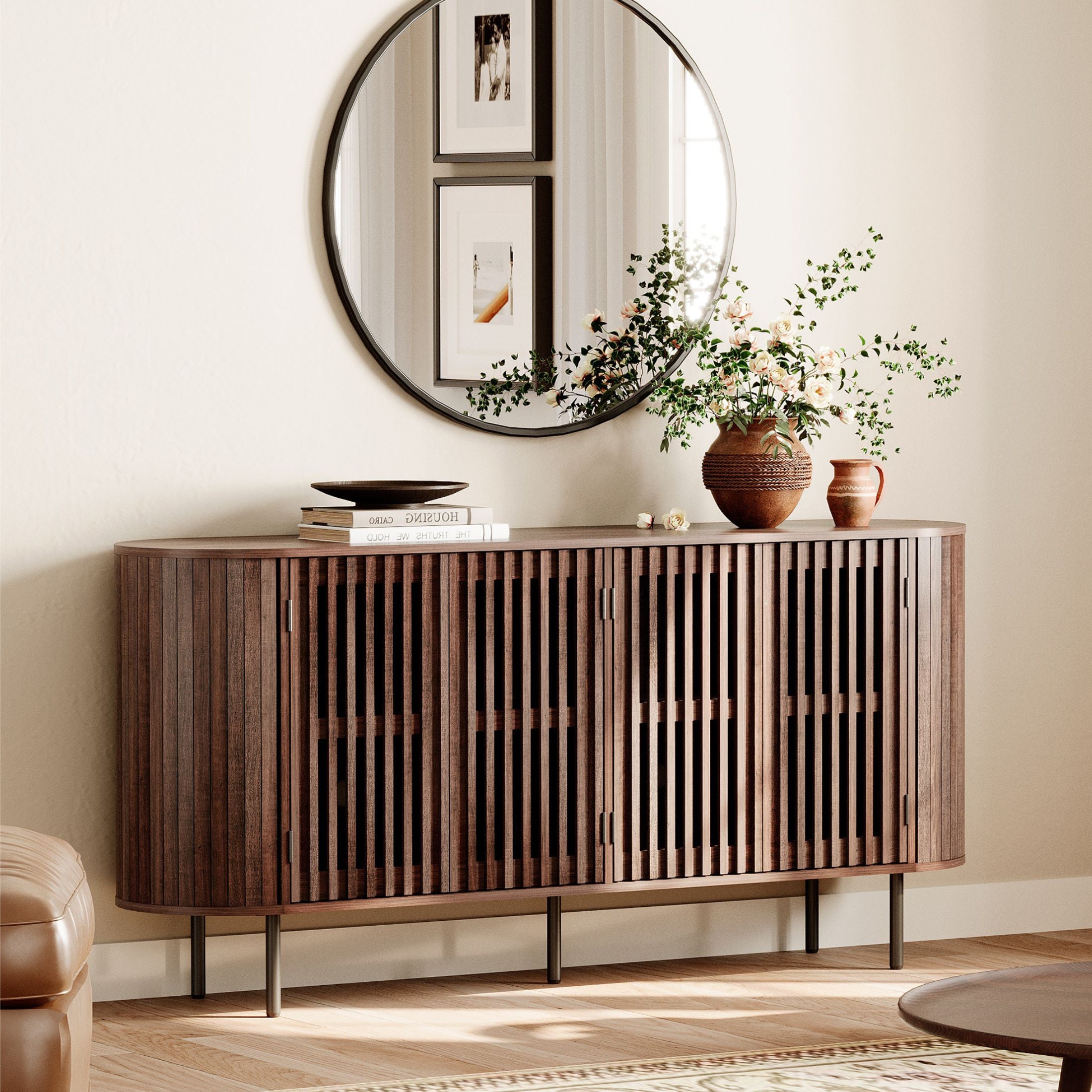 WAMPAT 64" Kitchen Buffet Sideboard Cabinet, Coffee Bar Storage Cabinet with Pop-up Doors, Walnut