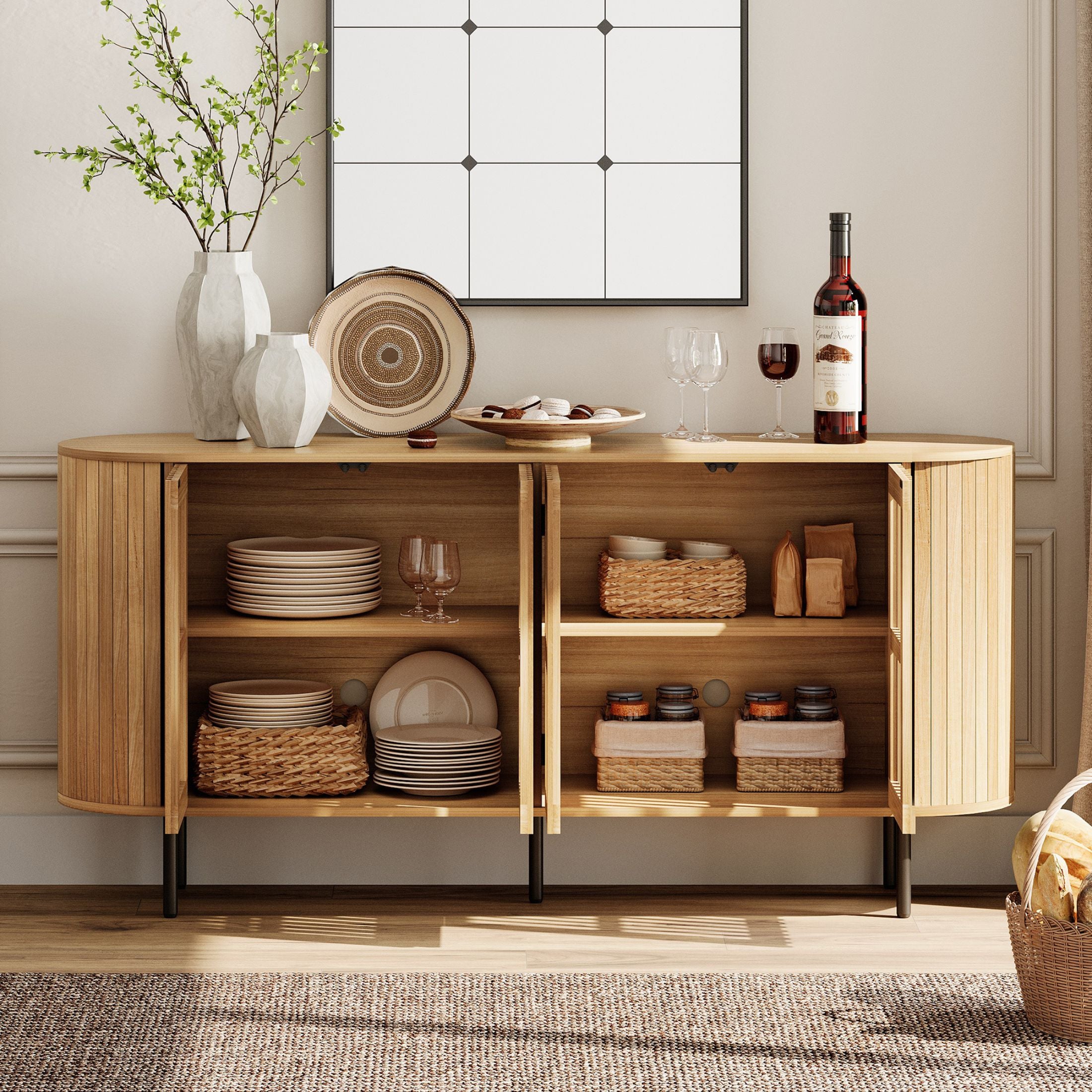 WAMPAT 64" Kitchen Buffet Sideboard Cabinet, Coffee Bar Storage Cabinet with Pop-up Doors, Oak