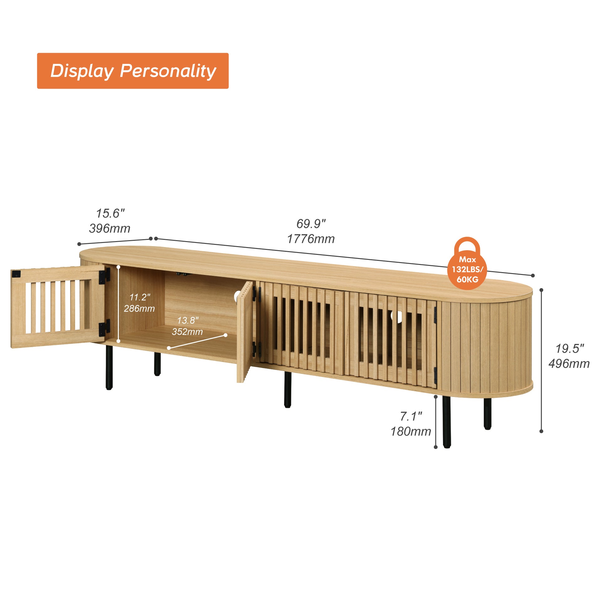 WAMPAT 70" Fluted TV Stand for 75” TVs, Wooden Media Console with Pop-up Doors & Storage for Living Room Bedroom, Natural Oak