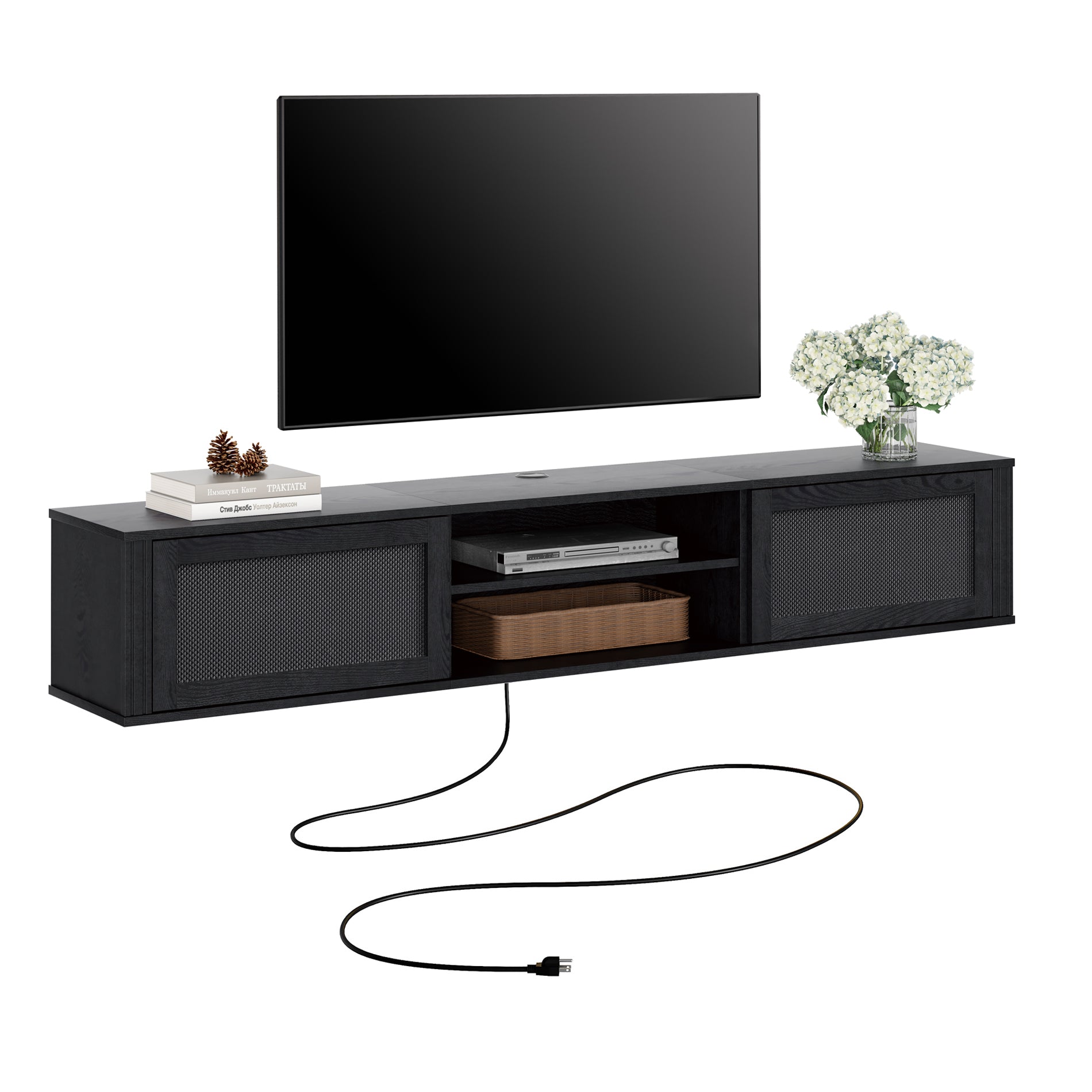 Wampat 2-Tier Floating TV Stand for 80" TVs, Wall Mounted Media Console Entertainment Center with Power Outlet, Floating TV Shelf for Living Room, Black