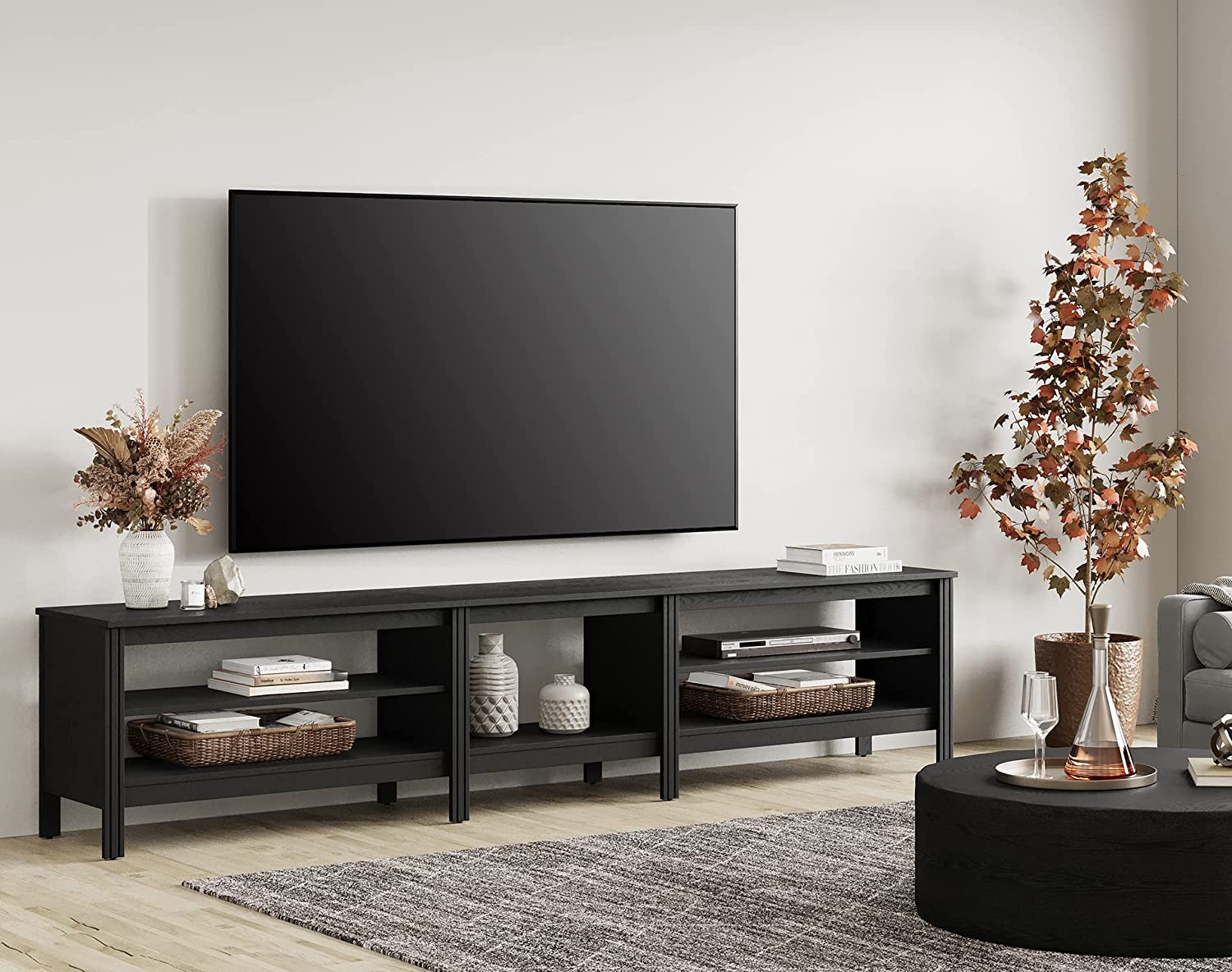 WAMPAT 95" Farmhouse TV Stand for 85 Inch TV, Black Wood Entertainment Center for 80 90 100 inch TV