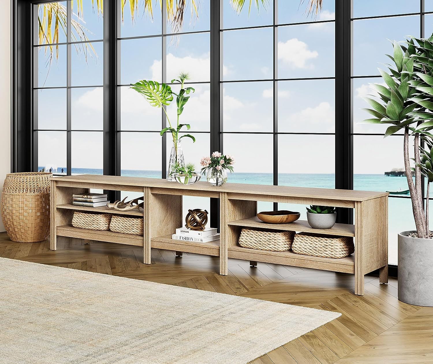 WAMPAT TV Stand for 85 Inch TV, Wood Entertainment Center for 80 90 100 inch TV Console Table for Living Room Bedroom, Oak