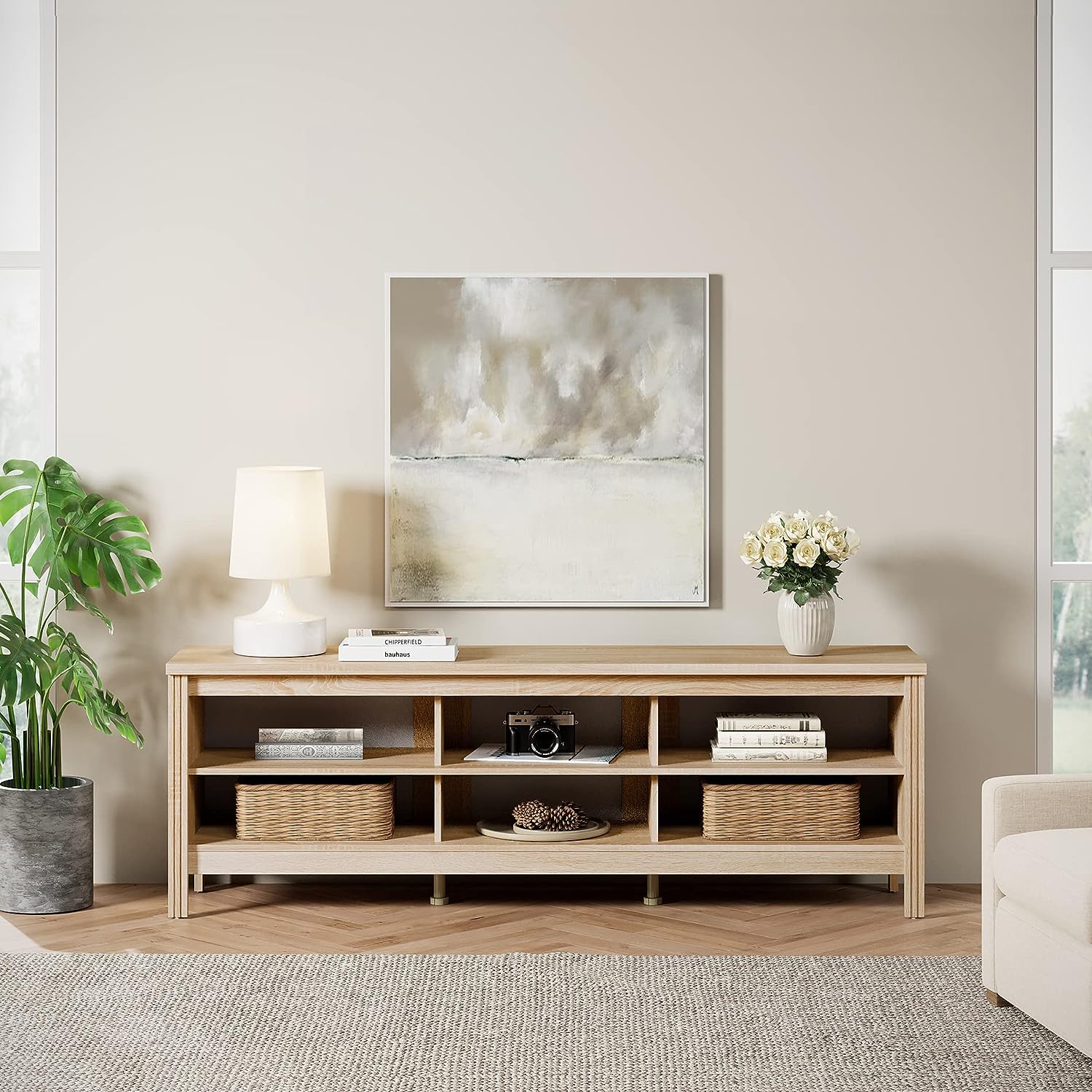 WAMPAT 70" TV Stand for 75 inch TV Entertainment Center, Wood TV Console Media Table for Living Room Bedroom, White Oak