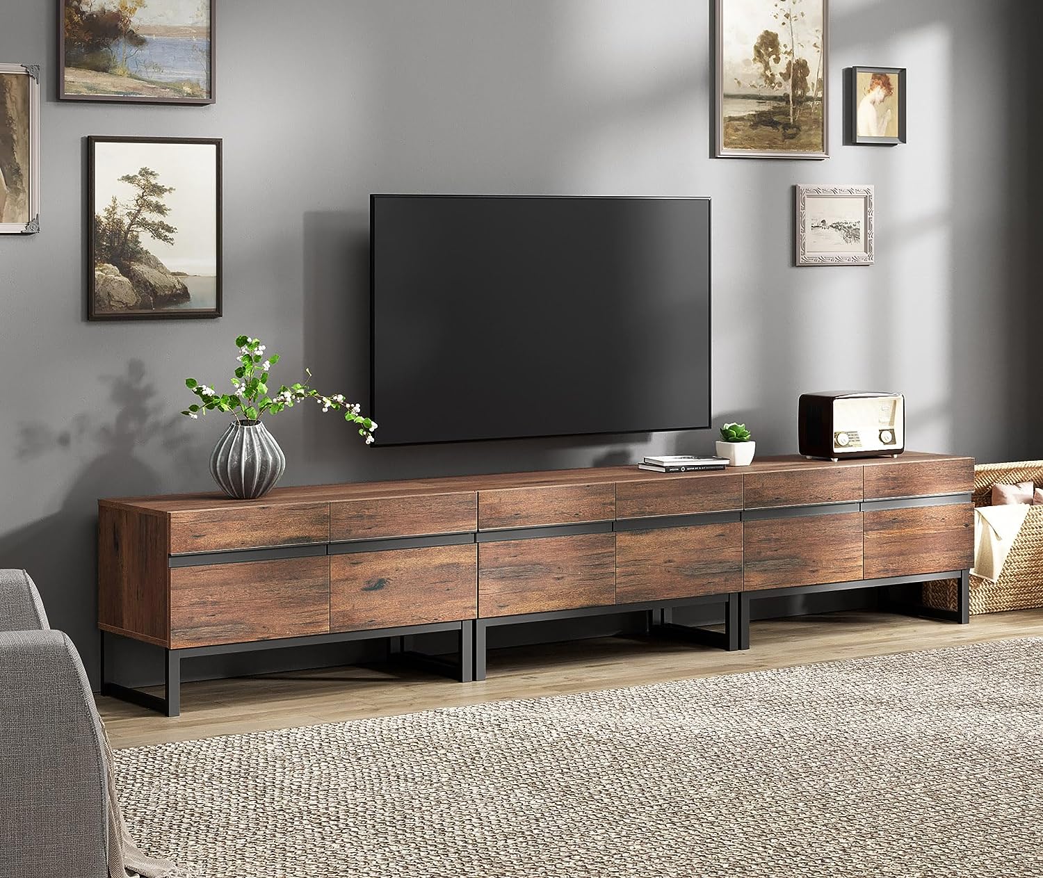 WAMPAT Modern TV Stand for TVs up to 110 inch, 3 in 1 Entertainment Center TV Console with Storage Space, Media Console for Living Room, Brown