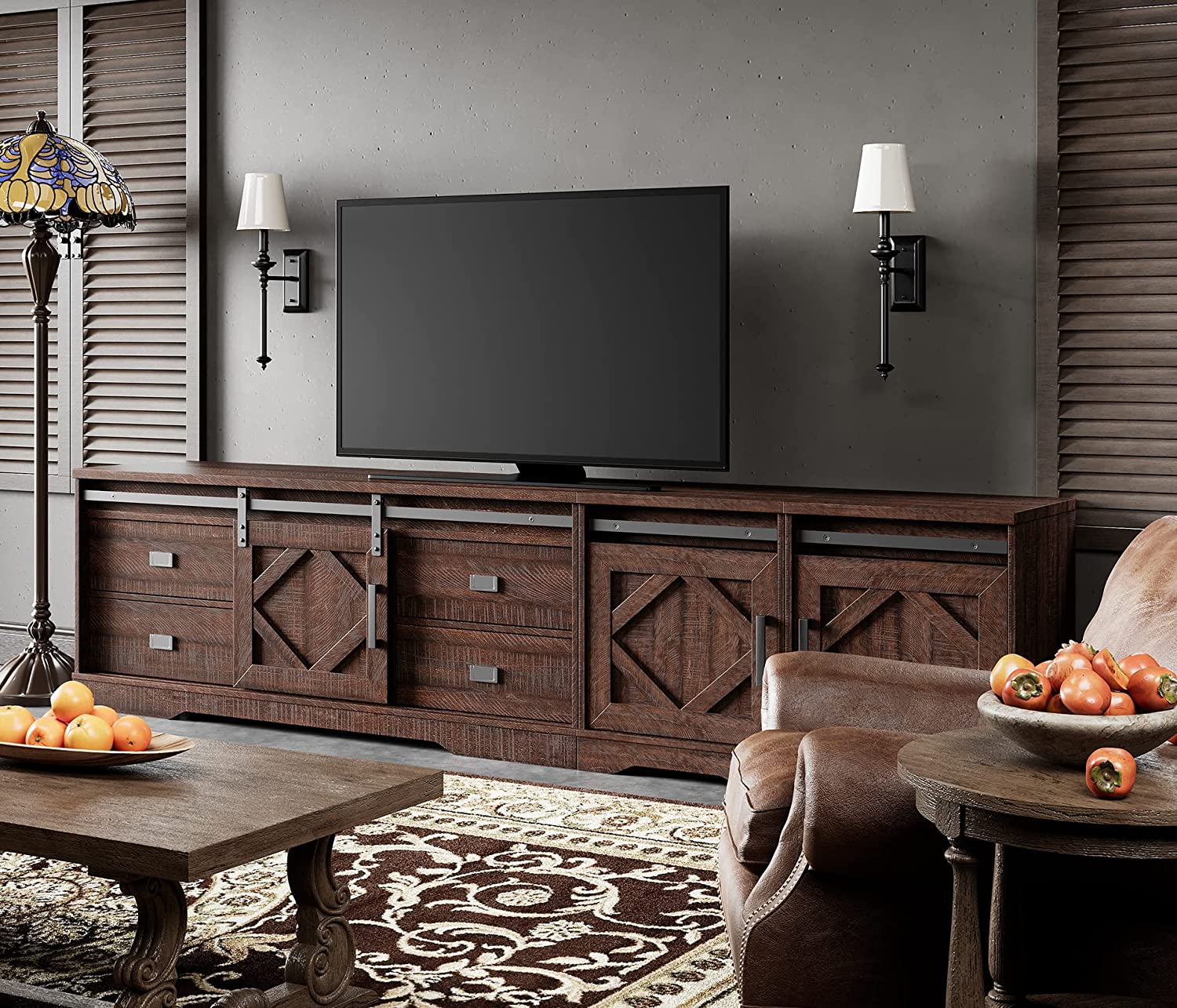 WAMPAT 98" Farmhouse TV Stand for up to 110" TVs Wood TV Cabinet with Drawers and Adjustable Shelf for Living Room, Rustic Brown