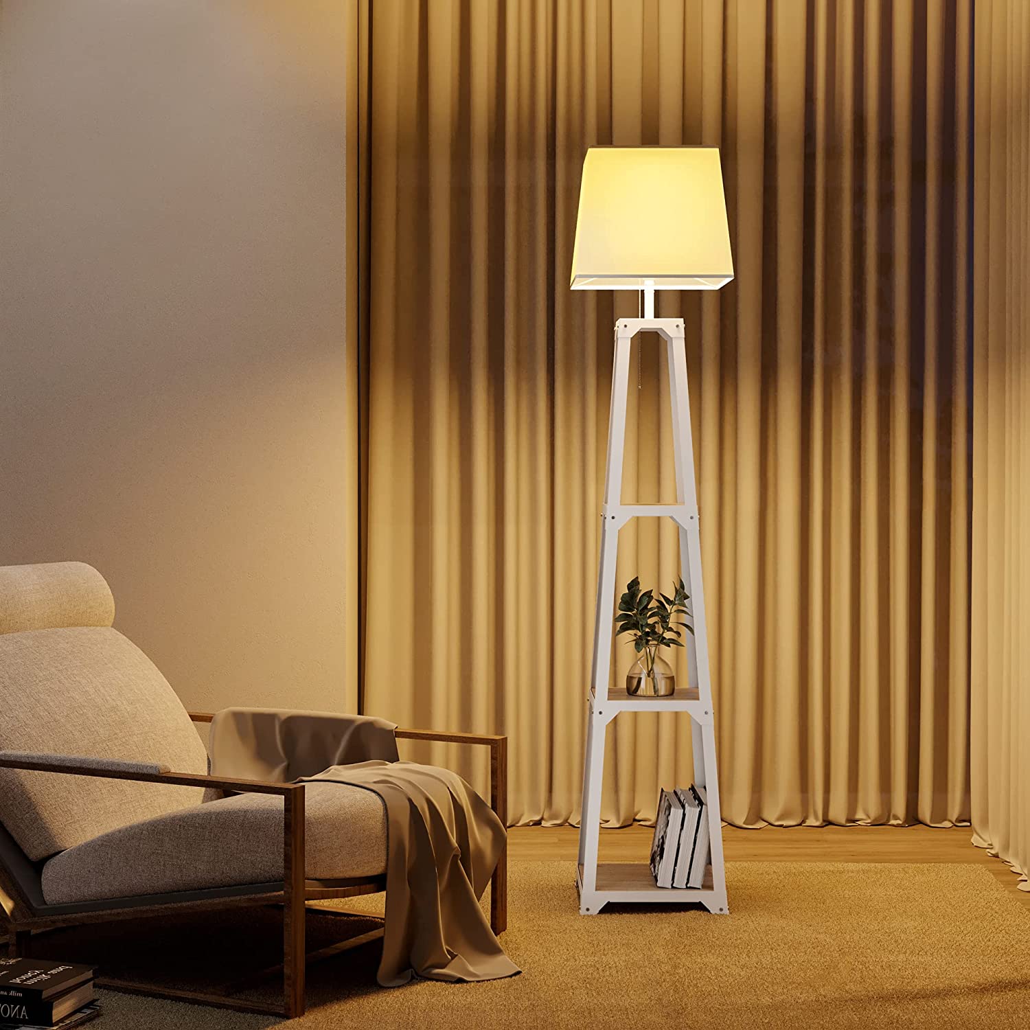 WAMPAT Shelf Floor Lamp Modern Standing Light for Living Rooms Bedrooms Metal Frame with Open Box Display Shelves, White