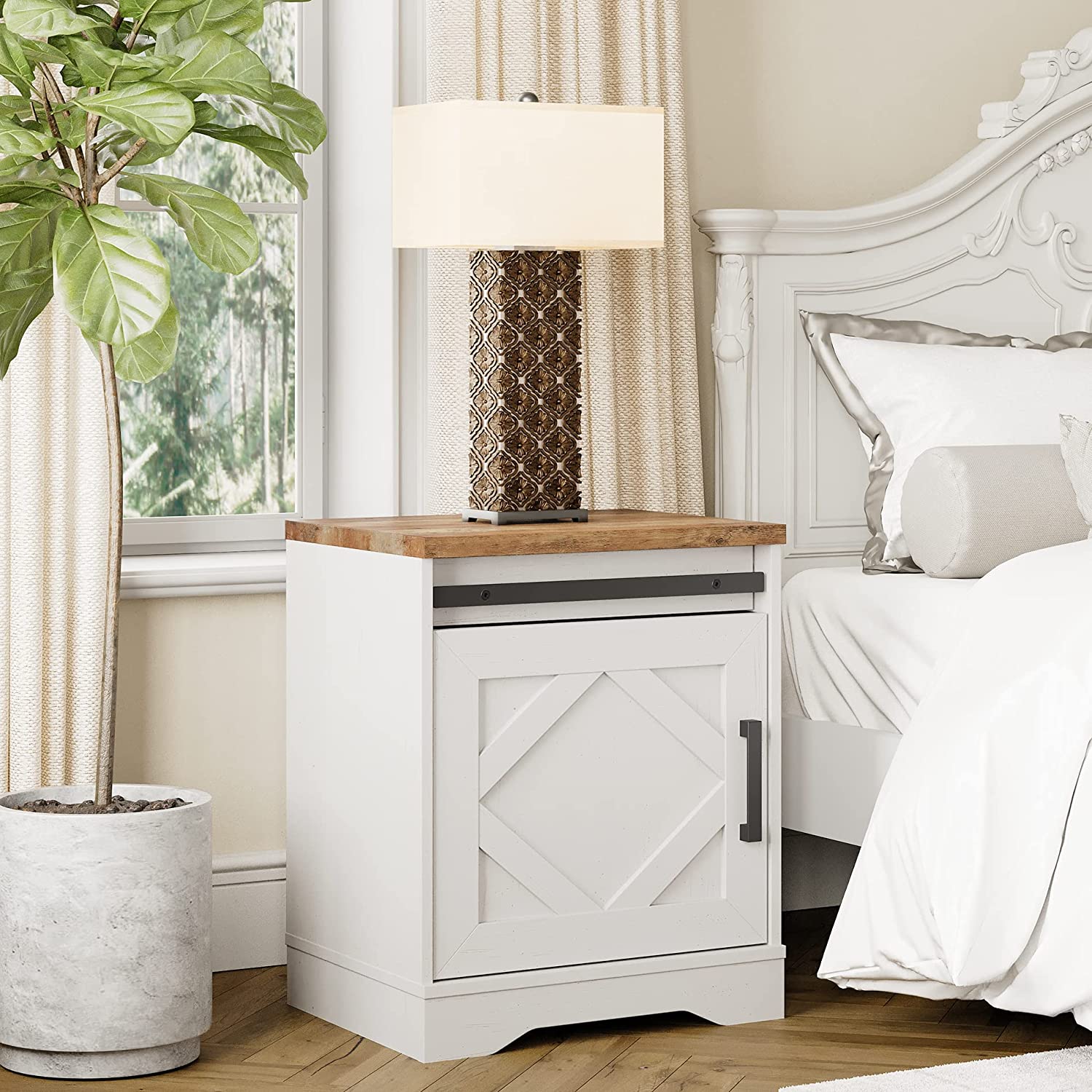 WAMPAT 19.6" End Table, Pedestal Side Table with Drawer and Cabinet Wood Bedside Table Nightstands for Living Room Bedroom, Cream White