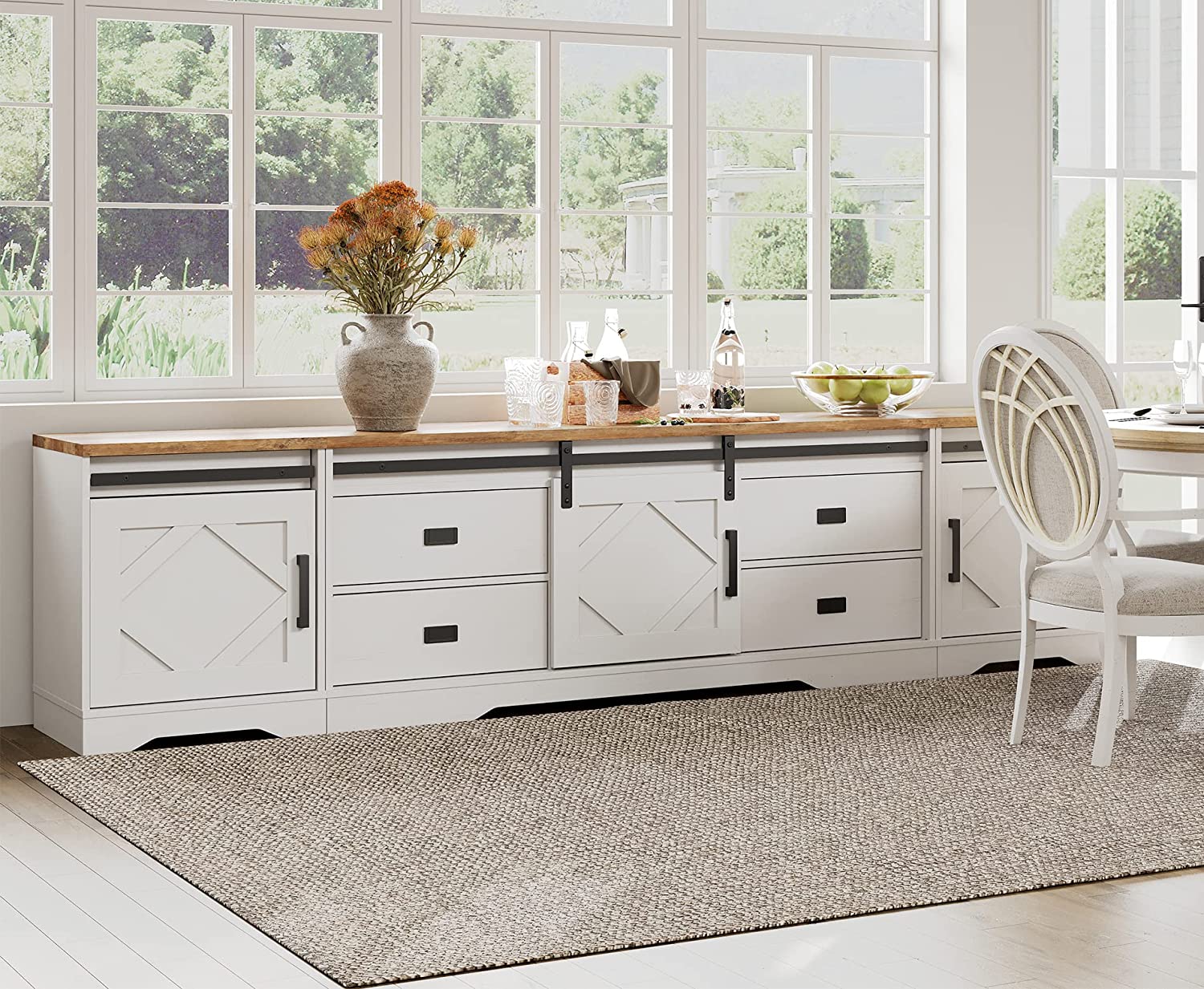 WAMPAT 98" Farmhouse TV Stand for up to 110" TVs Wood TV Cabinet with Drawers and Adjustable Shelf for Living Room, Cream White